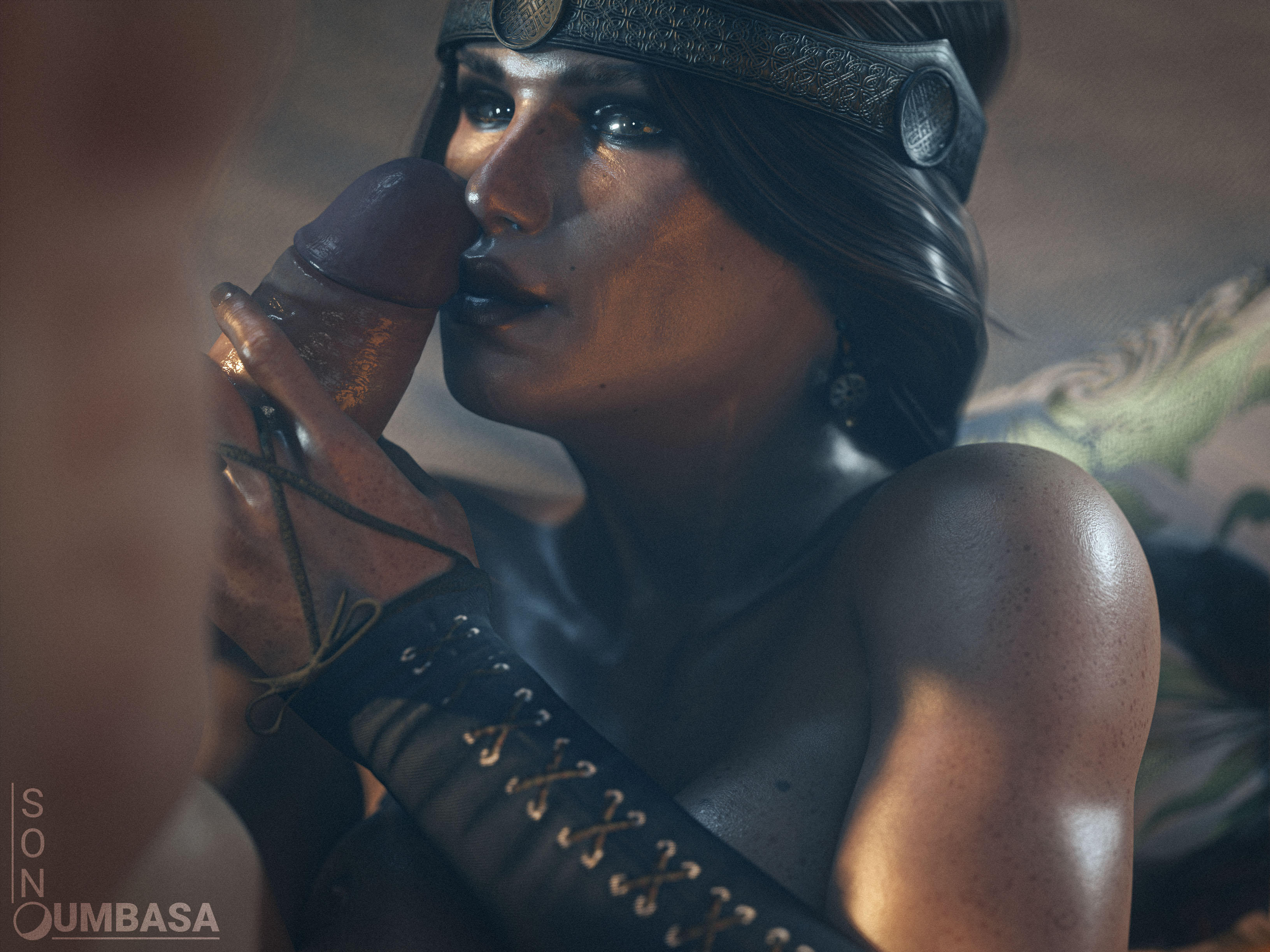 1girls, 3d, braided ponytail, cd projekt red, cerys an craite, female, ginger, imminent oral, looking at viewer, male, oral, orange hair, penis, penis on face, red hair, red lipstick, royalty, scar, seductive eyes, seductive mouth, son umbasa, the witcher (series), the witcher 3: wild hunt, yellow eyes