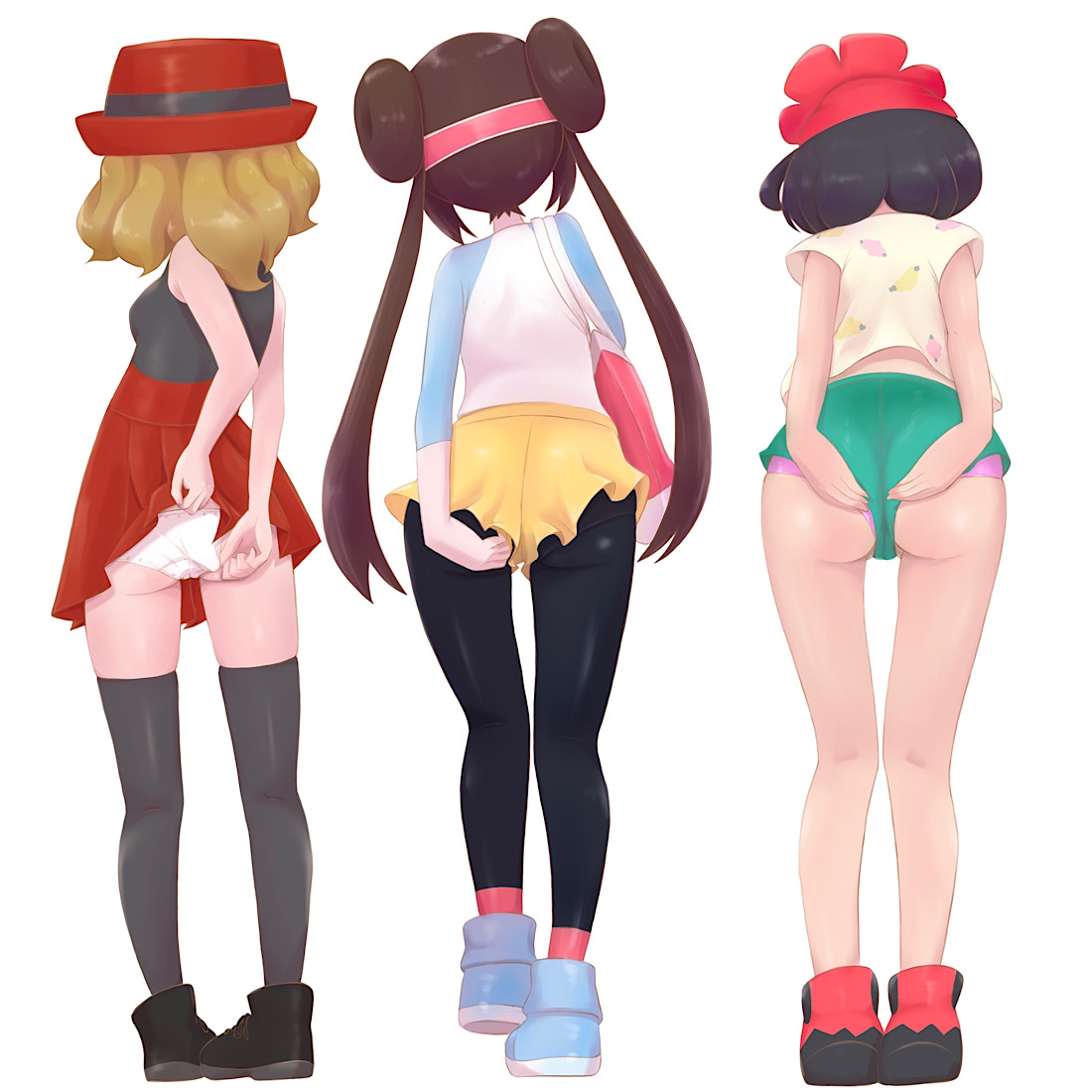 3girls, adjusting clothes, adjusting panties, ass, ass hanging out of shorts, back view, female, female only, human, human only, microsd (artist), multiple females, multiple girls, nintendo, panties, pantyhose, pokemon, pokemon bw2, pokemon sm, pokemon xy, rosa (pokemon), selene (pokemon), serena (pokemon games), serena (pokemon), short shorts, shorts, thighhighs, upskirt, wedgie