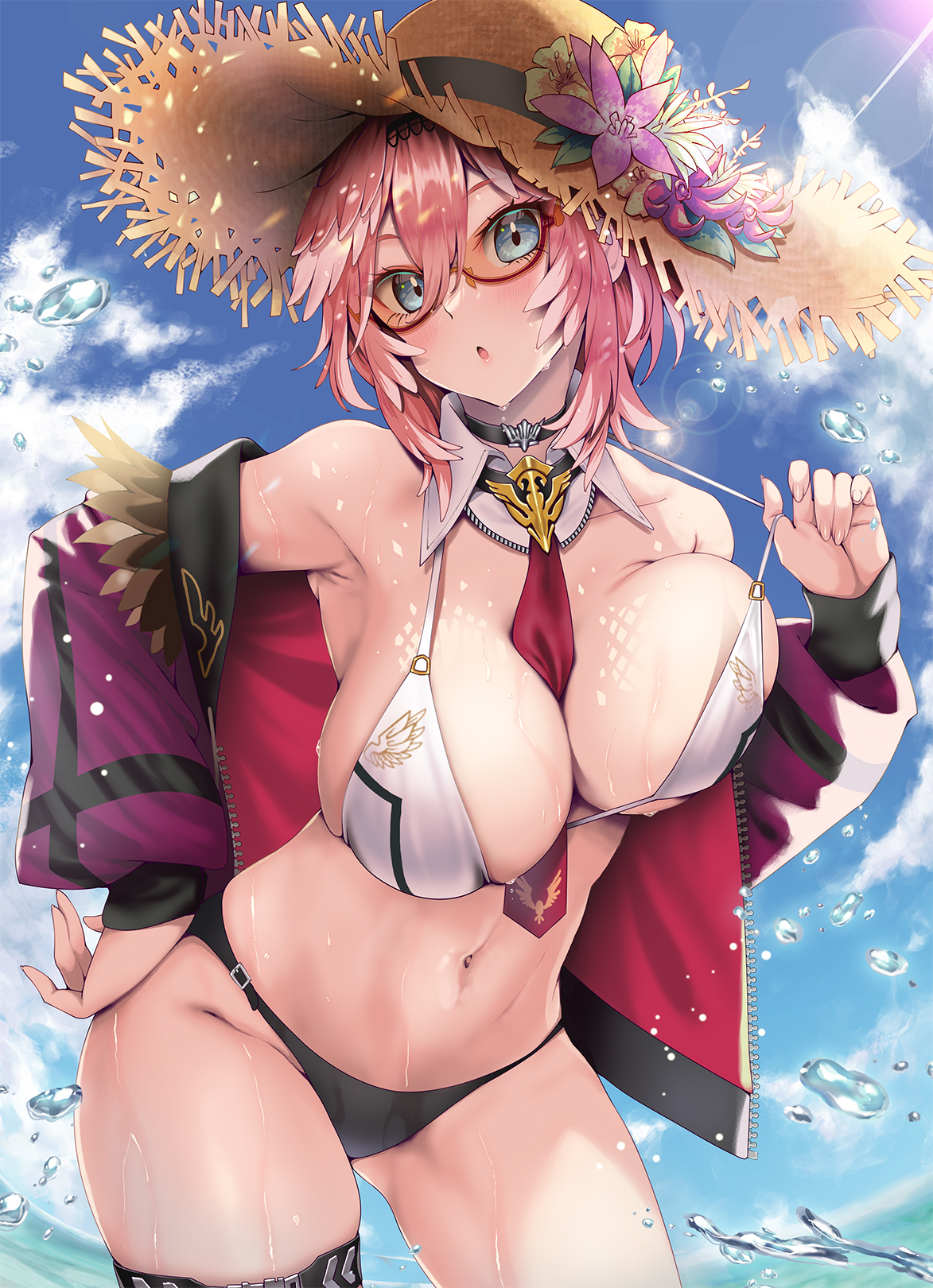 :o, 1girls, armpits, bare shoulders, between breasts, bikini, black bikini, black choker, black swimsuit, blue eyes, breasts, brown headwear, choker, cleavage, clothing, cloud, contrapposto, cowboy shot, day, detached collar, female, flower, fur trim, gluteal fold, halterneck, hand on hip, hat, hat flower, headwear, high resolution, hololive, hololive japan, holox, jacket, kubota masaki, large breasts, light rays, long sleeves, looking at viewer, megane, mismatched bikini, multicolored hair, navel, necktie, necktie between breasts, off shoulder, open clothes, open jacket, open mouth, orange-tinted eyewear, outdoors, parted lips, pink hair, puffy long sleeves, puffy sleeves, purple jacket, red jacket, red-framed eyewear, semi-rimless eyewear, short hair, skindentation, sky, solo, standing, stomach, strap pull, straw hat, streaked hair, string bikini, sunbeam, sunglasses, sunlight, swimsuit, takane lui, thigh strap, thighs, tinted eyewear, under-rim eyewear, virtual youtuber, wet, white bikini, white swimsuit