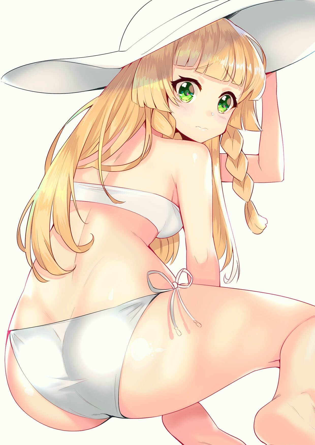 1girls ass big_ass big_butt bikini blonde_hair blush breasts butt_crack female female_only green_eyes hachirobe hat light-skinned_female light_skin lillie_(pokemon) nervous nintendo pokemon pokemon_sm solo swimsuit teenager two_piece_swimsuit white_bikini white_hat white_swimsuit