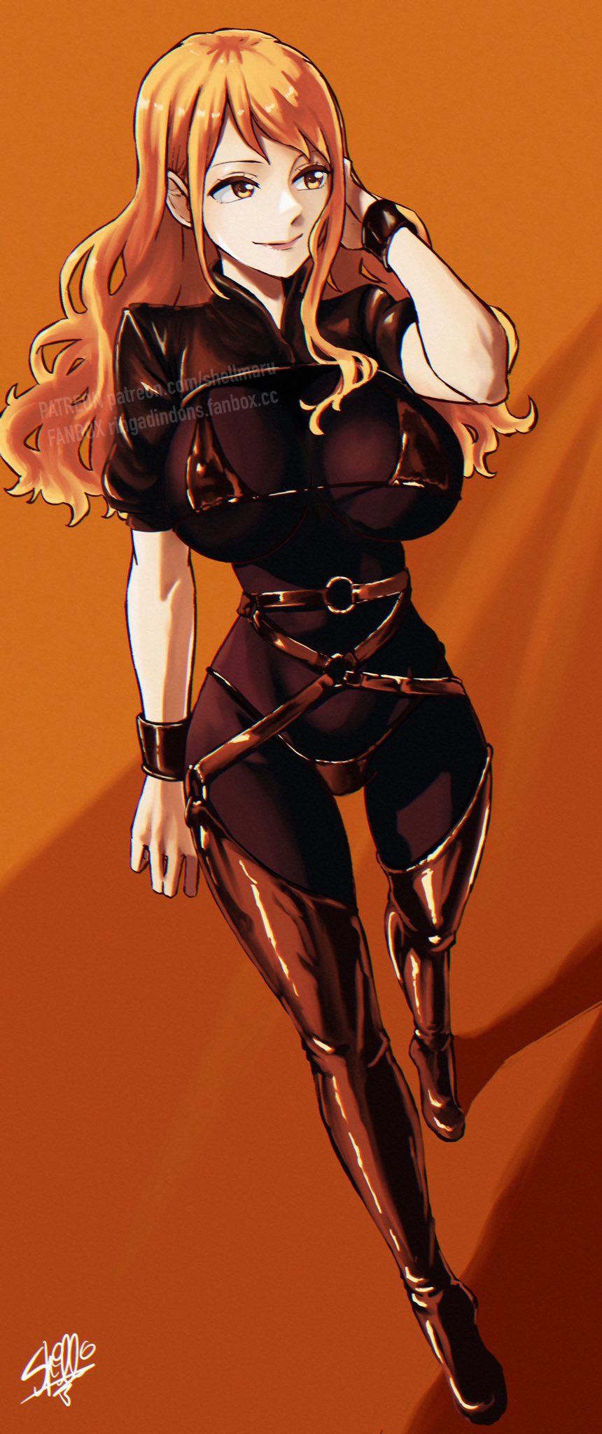 1girls belt belts big_breasts bodysuit boots breasts brown_eyes busty crop_top curvy female female_only long_hair microbikini nami one_piece orange_hair shellmaru smile solo thigh_boots thighhighs