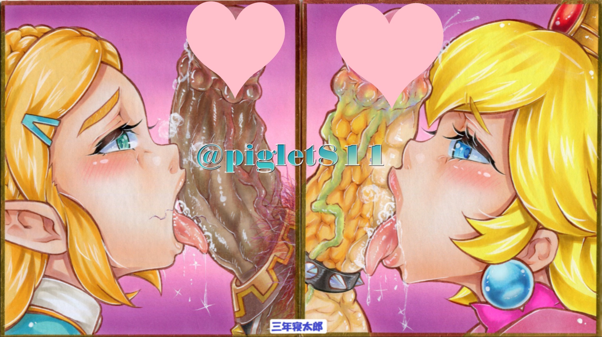 2boys, 2girls, bad censor, blonde hair, blowjob, blue eyes, bowser, breath of the wild, censored, cock ring, covering, crossover, dark skin, dark-skinned male, erection, fellatio, female, ganondorf, green eyes, heart, heart censor, huge cock, human, hylian, interracial, interspecies, male, mario (series), multiple boys, multiple females, multiple girls, multiple images, multiple males, nintendo, oral, oral sex, penis, pink background, pointy ears, princess peach, princess zelda, pubic hair, pubic hair on face, reptile humanoid, sannen netarou, simple background, the legend of zelda, unseen male face, vein, veiny penis, zelda (breath of the wild)