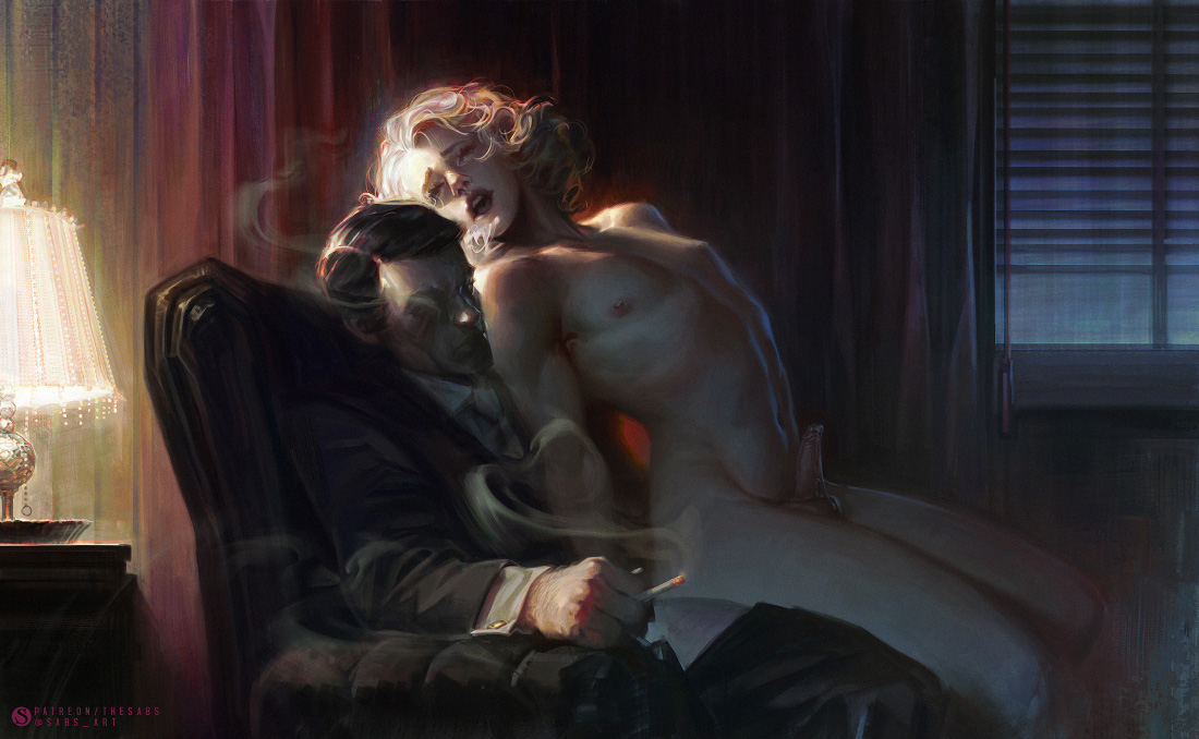 2boys, 2d, arched back, armchair, chiaroscuro, cigarette, clothed male nude male, curly hair, erection, femboy, from behind, gay, gay sex, girly, male, male only, nude, open mouth, painting (artwork), penis, sabudenego, sex, sitting, soft shading, twink, yaoi