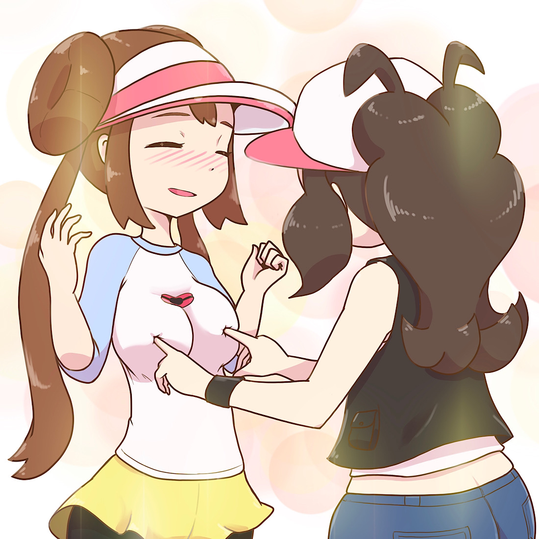 2girls, big breasts, breasts, female, female only, hilda (pokemon), human, human only, microsd (artist), multiple females, multiple girls, nintendo, pokemon, pokemon bw, pokemon bw2, poking breasts, rosa (pokemon), yuri