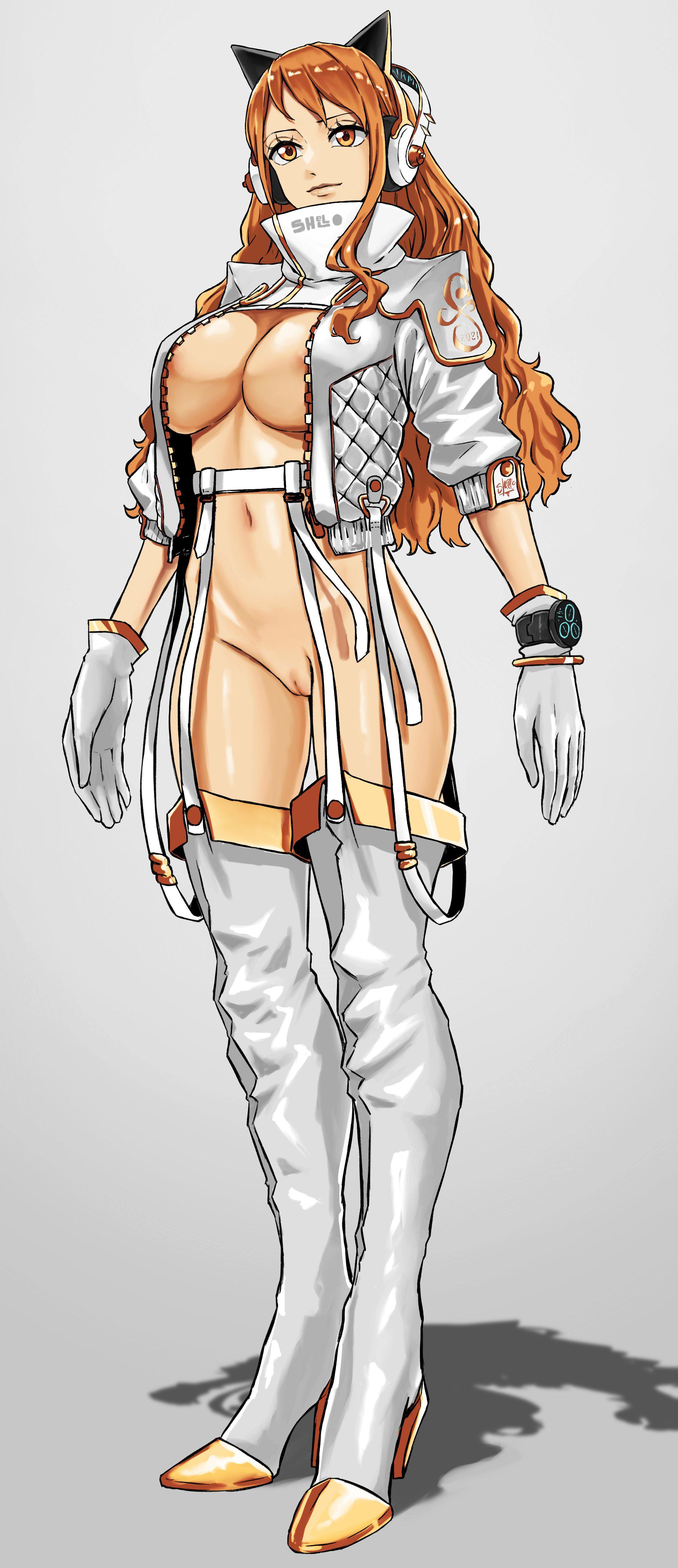 1girls, breasts, busty, curvy, female, female only, high heel boots, high heels, long hair, nami (one piece), one piece, orange hair, orange-haired female, shellmaru, solo, tagme