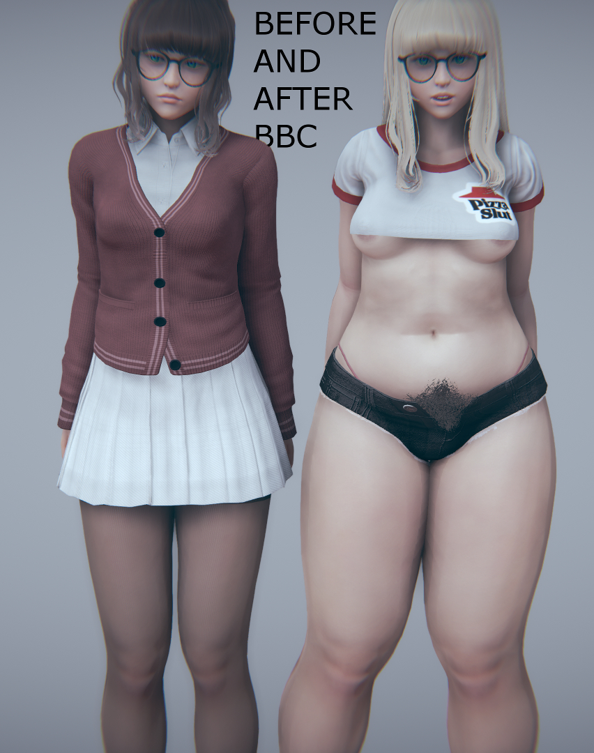 bangs, bimbo, bimbofication, breasts, chubby, crop top, curvy, female, glasses, hdregrets, hotpants, netorare, open clothes, plump, pubic hair, short shorts, shorts, t-shirt, underboob