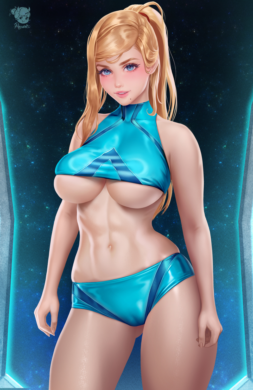 1girls, abs, alternate breast size, ass, ass visible through thighs, bare shoulders, belly button, big breasts, blonde, blonde hair, blue eyes, blush, breasts, collarbone, detailed background, female, hips, huge breasts, large breasts, looking at viewer, metroid, midriff, mole, nintendo, ponytail, prywinko, pussy, pussy bulge, pussy lips, samus aran, shiny skin, shirt up, shorts, shoulders, slim waist, small waist, smile, solo, sportswear, standing, thick, thick ass, thick thighs, thighs, tight clothing, underboob, waist, wide hips, zero suit samus
