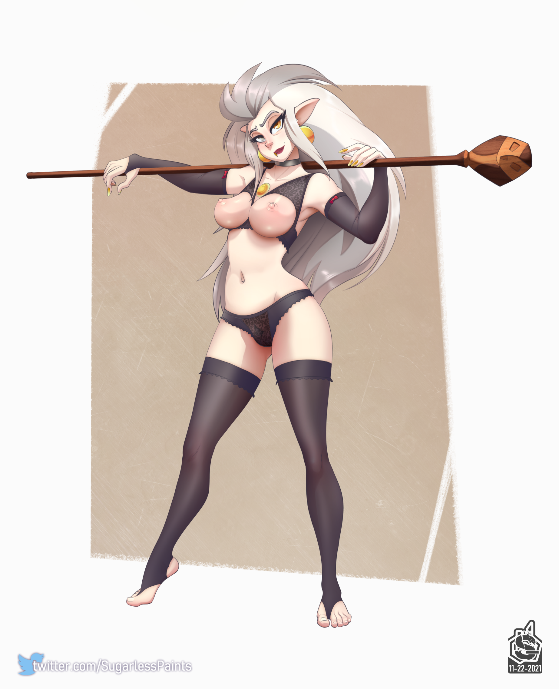 2021, 5 fingers, armwear, breasts, clothing, conditional dnp, digital media (artwork), disney, disney channel, eda clawthorne, eyebrows, female, fingers, hair, hi res, humanoid, humanoid pointy ears, legwear, long hair, looking at viewer, magic staff, navel, nipples, solo, straight hair, sugarlesspaints, text, the owl house, thighhighs, url, witch, witch (the owl house)