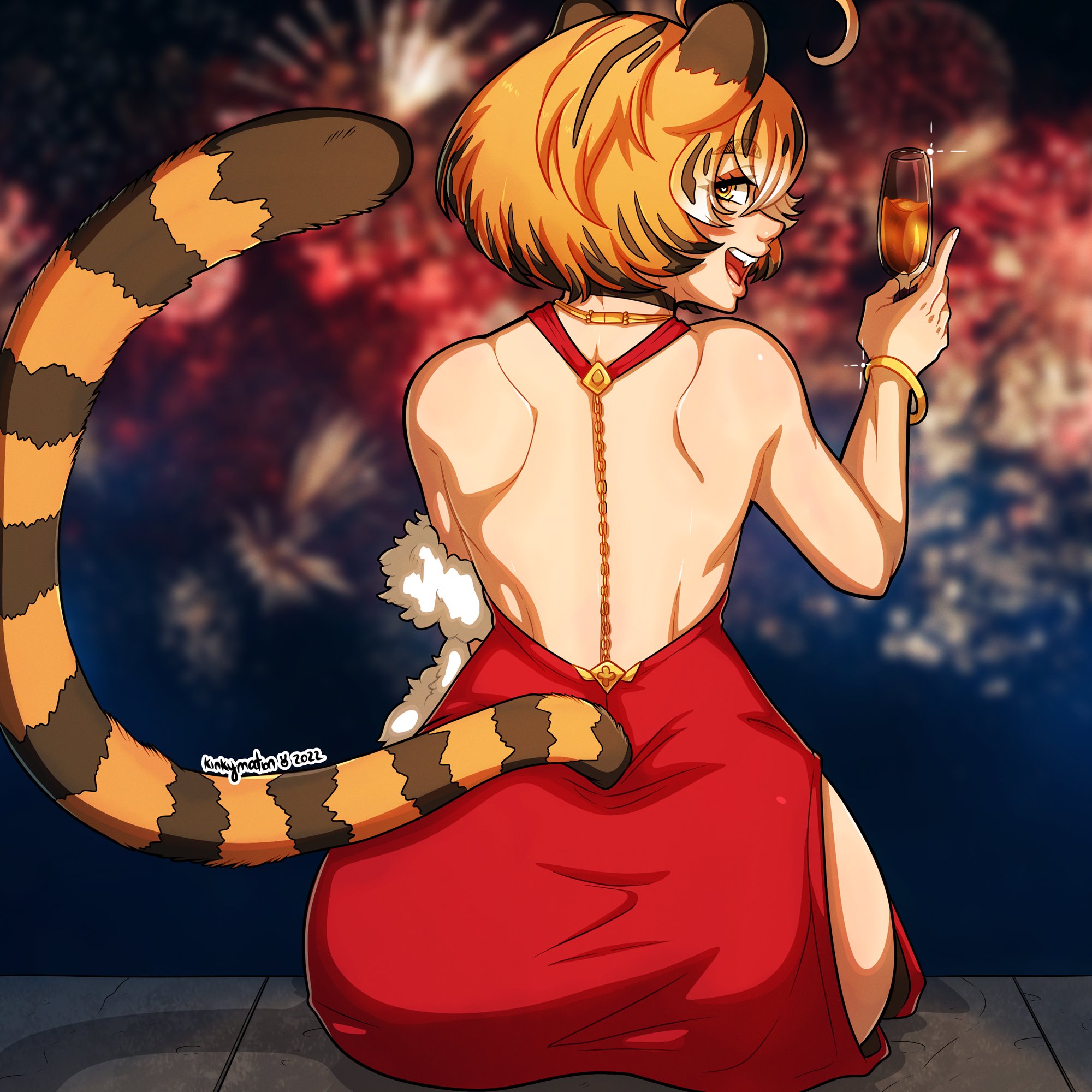 1girls, ass, back view, bengalia (kinkymation), black highlights, blurry background, bracelet, dress, drink, elegant, female, female only, fireworks, glass, happy, heart-shaped pupils, hi res, holding glass, kinkymation, light skin, light-skinned female, looking at viewer, open mouth, orange eyes, orange hair, original, sitting, solo, solo female, tiger ears, tiger girl, tiger print, tiger tail