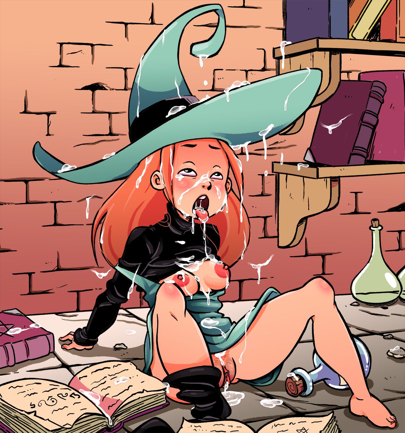 after sex, areolae, breasts, busty, cum, enf-lover, exhausted, female, female focus, female only, headwear, hourglass figure, human, medium breasts, melusine (spirou magazine), nipples, pale skin, pubes, pubic hair, pussy, red hair, spirou magazine, vagina, wide hips, witch, witch hat