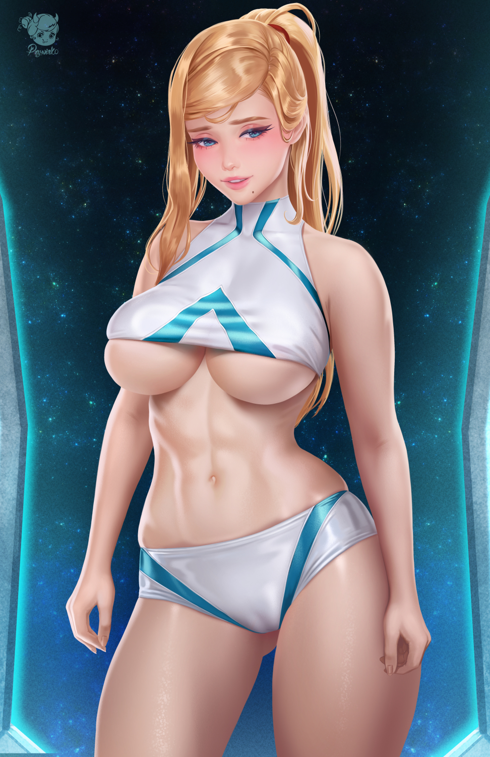 1girls, abs, alternate breast size, alternate color, alternate costume, ass, ass visible through thighs, bare shoulders, belly button, big breasts, blonde, blonde hair, blue eyes, blush, breasts, collarbone, detailed background, female, hips, huge breasts, large breasts, looking away, looking down, metroid, midriff, mole, nintendo, ponytail, prywinko, pussy, pussy bulge, pussy lips, samus aran, shiny skin, shirt up, shorts, shoulders, slim waist, small waist, smile, solo, sportswear, standing, thick, thick ass, thick thighs, thighs, tight clothing, underboob, waist, wide hips, zero suit samus