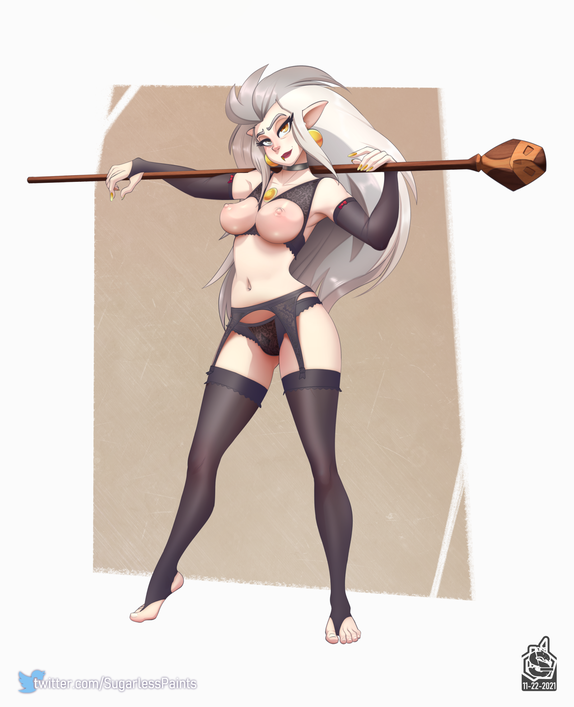 2020s, 2021, 5 fingers, armwear, bra, breasts, choker, clothing, conditional dnp, digital media (artwork), disney, disney channel, eda clawthorne, exposed breasts, eyebrows, female, fingers, garter belt, hair, hi res, humanoid, humanoid pointy ears, legwear, lingerie, long hair, looking at viewer, navel, nipples, panties, solo, stockings, straight hair, sugarlesspaints, text, the owl house, twitter username, underwear only, url, witch, witch (the owl house)