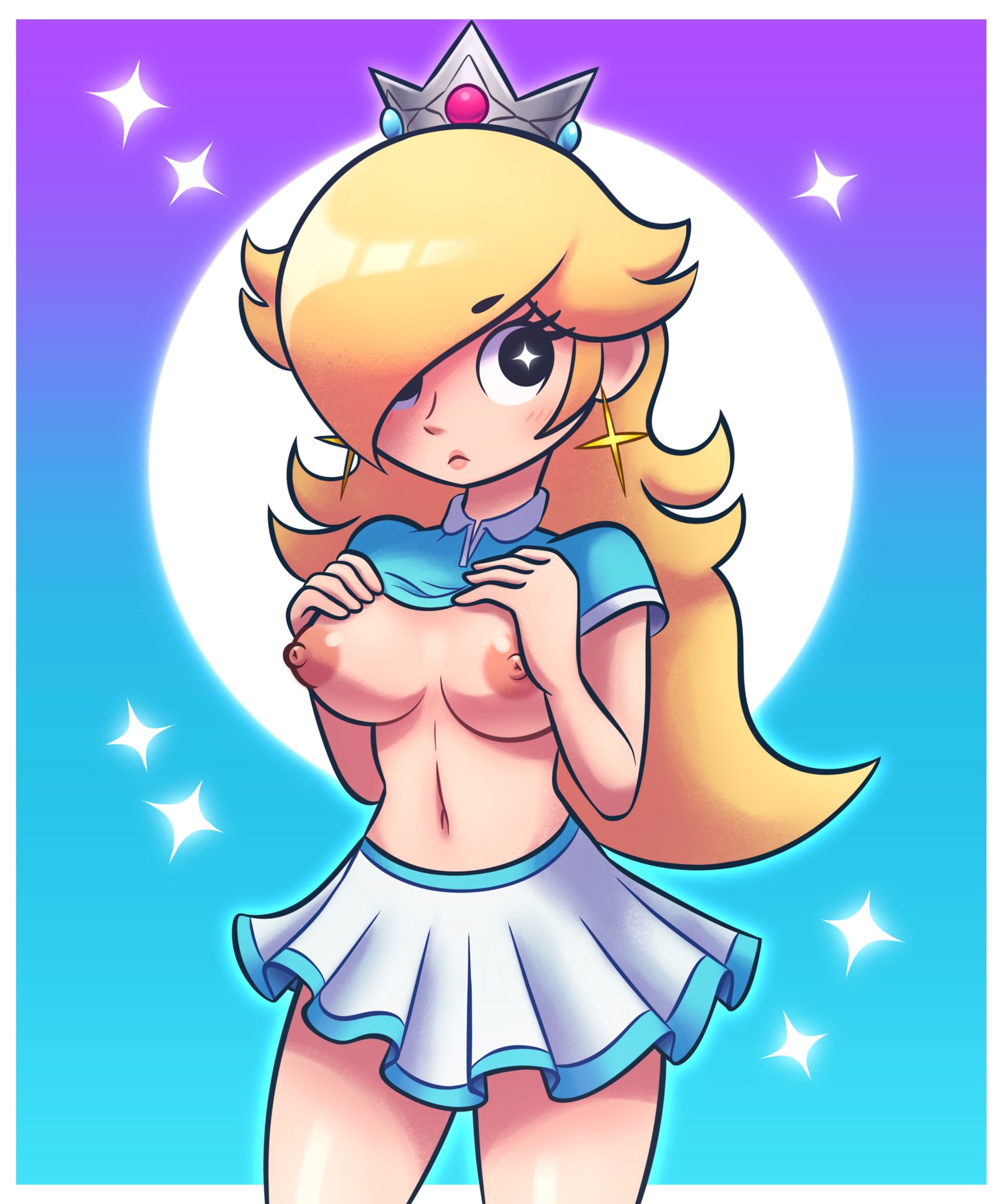 1girls, areolae, black eyes, blue shirt, breasts, breasts out, clothing, crown, cute, donut bonut, earrings, eyebrows visible through hair, female, female only, gradient background, hair over one eye, hi res, lifted shirt, light skin, light-skinned female, lips, long hair, mario (series), mario golf, medium breasts, nintendo, nipples, no bra, platinum blonde hair, polo shirt, princess rosalina, shirt lift, shirt up, short skirt, short sleeves, skirt, solo, star earrings, star pupils, tennis uniform, thick, thick hips, thick thighs, topless, white skirt, wide hips