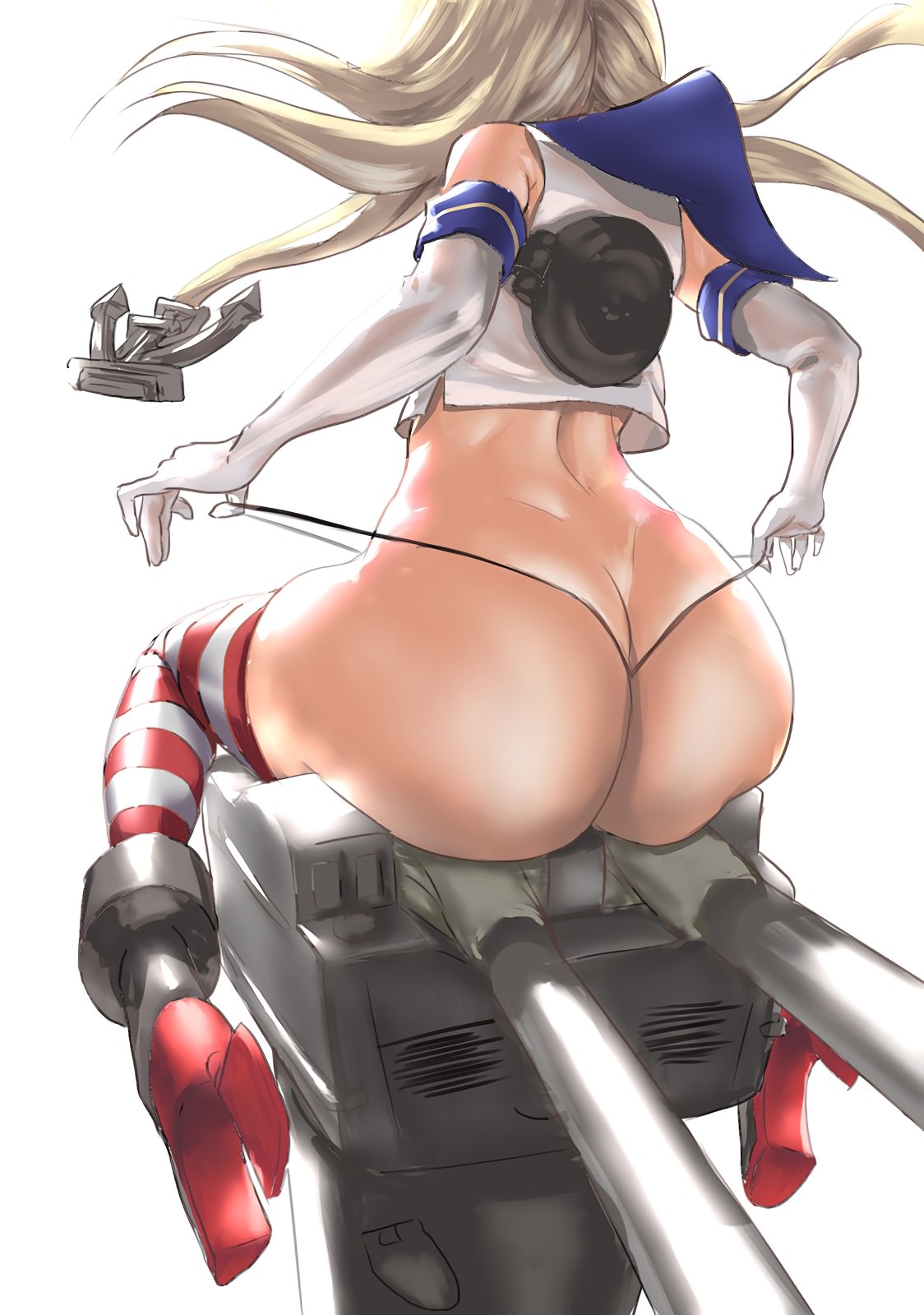 ass, ass cleavage, ass crack, big ass, black thong, blonde hair, butt crack, elbow gloves, female, female only, huge ass, kantai collection, narrow shoulders, no skirt, shimakaze (kantai collection), solo, solo female, striped legwear, thick thighs, thighhighs, thong, tomiokasena, wide hips