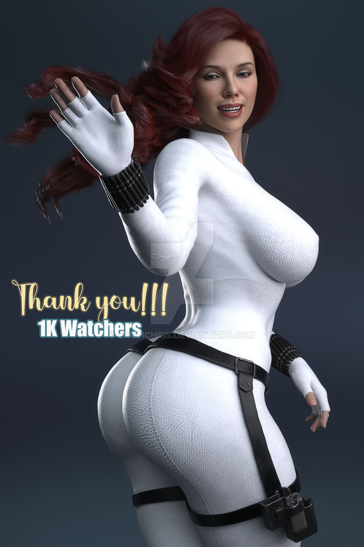 1girls, 3d, 3d (artwork), ass, avengers, big ass, big breasts, big butt, black background, black widow (marvel), blue eyes, breasts, bubble butt, busty, cga3d, congratulations, curvy, cute, daz studio, daz3d, erotichris, female, female only, hourglass figure, huge ass, huge breasts, large breasts, light skin, light-skinned female, long hair, looking at viewer, marvel, marvel comics, milestone celebration, muscular, muscular female, natasha romanoff, pov, red hair, scarlett johansson, seductive, seductive look, sensual, side view, smile, smiling at viewer, solo, thick, thick ass, thick thighs, wide hips