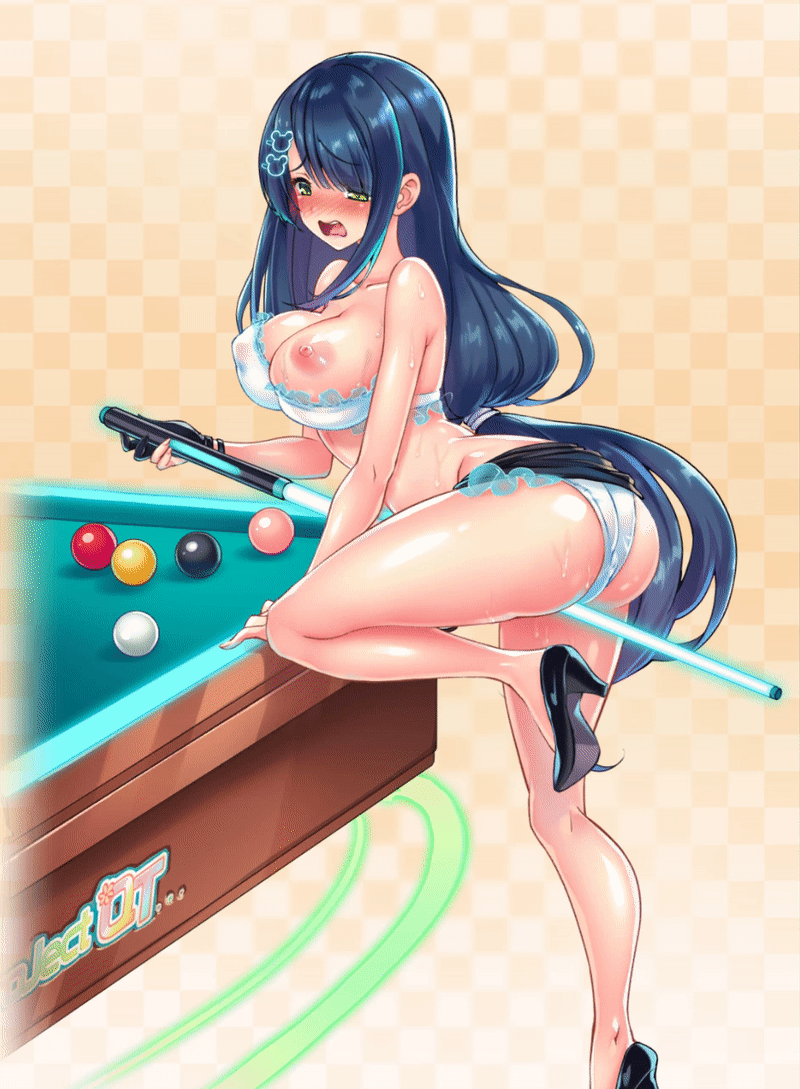 animated, ass, billiard table, blue hair, female, female masturbation, high heels, maggie (project qt), masturbation, nutaku, project qt, solo female
