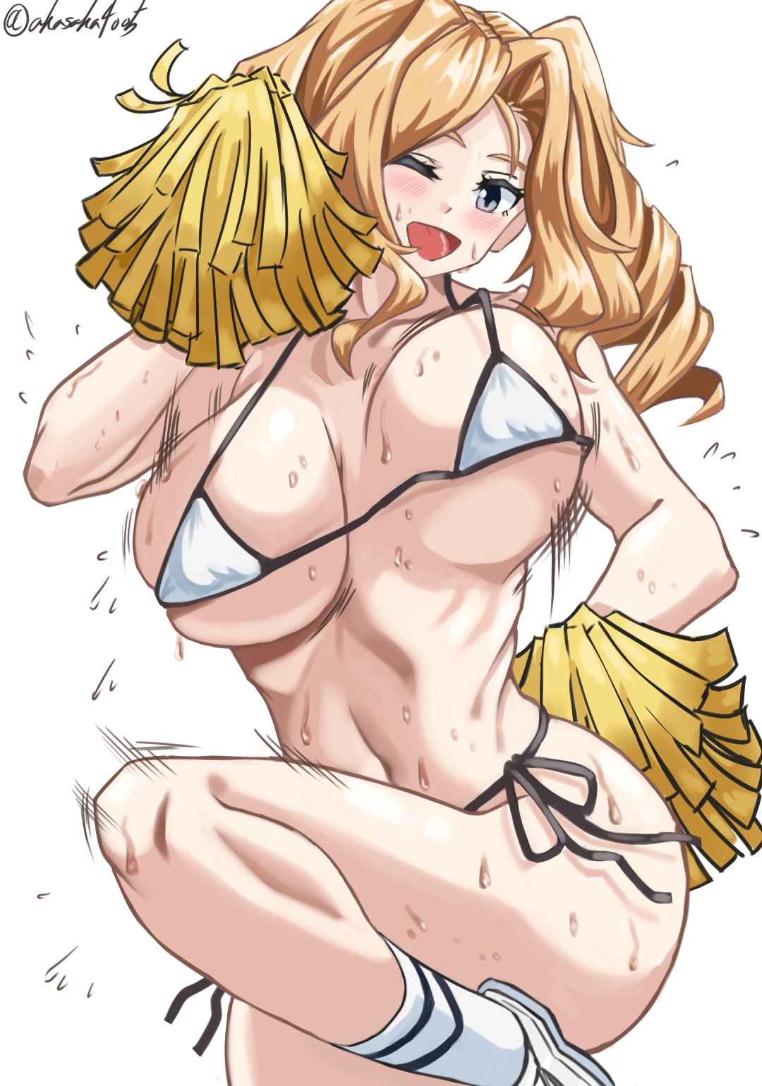 bikini blonde_hair bouncing_breasts breasts cheering drill_hair female grey_eyes highres holding holding_pom_poms honolulu_(kantai_collection) kantai_collection kazuo_akasaka large_breasts long_hair pom_pom_(cheerleading) shoes side-tie_bikini sneakers socks solo standing standing_on_one_leg string_bikini sweat swimsuit twin_drills twintails white_bikini white_footwear white_legwear