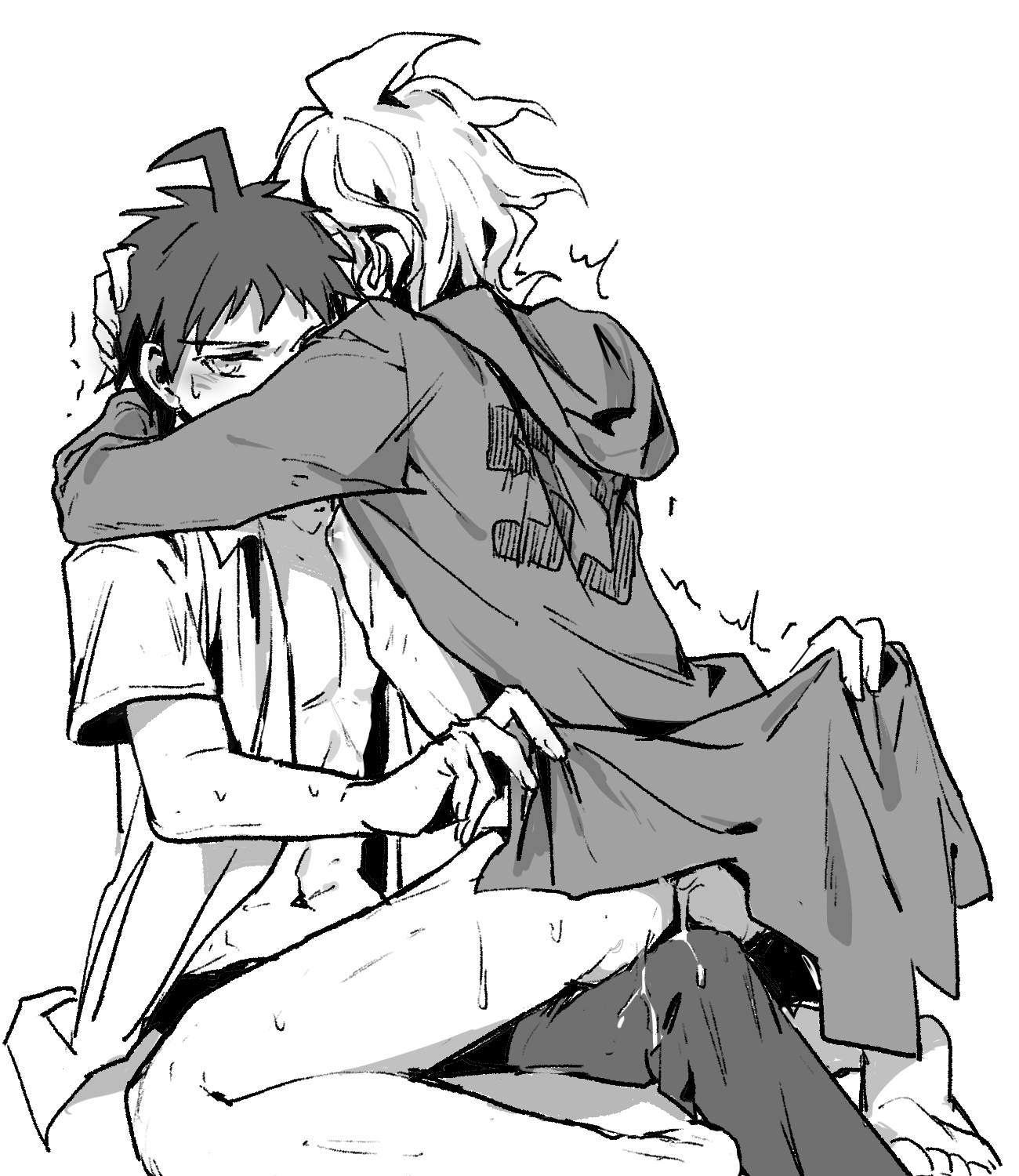 2boys, ass, clothed, clothed sex, danganronpa, danganronpa 2: goodbye despair, gay, hinata hajime, male, male only, male/male, nagito komaeda, open clothes, open shirt, straight hair, yaoi