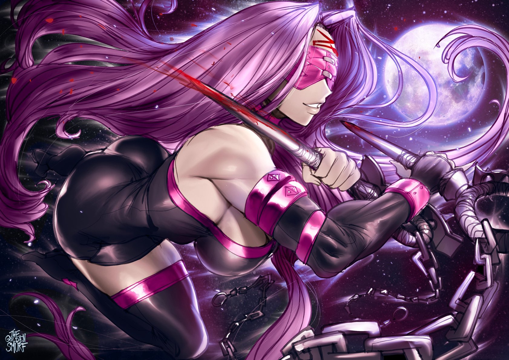 ass, bandage, bandage on face, big ass, big butt, big thighs, blood, boots, breasts, fate (series), fate/stay night, female, female focus, female only, gloves, long boots, long gloves, long hair, long sleeves, medusa (fate), medusa (rider) (fate), neckline, purple hair, shoulders, sleeves, smile, smiley face, smiling, solo, solo female, solo focus, tagme, thegoldensmurf, thigh boots, thighs, toned, toned female