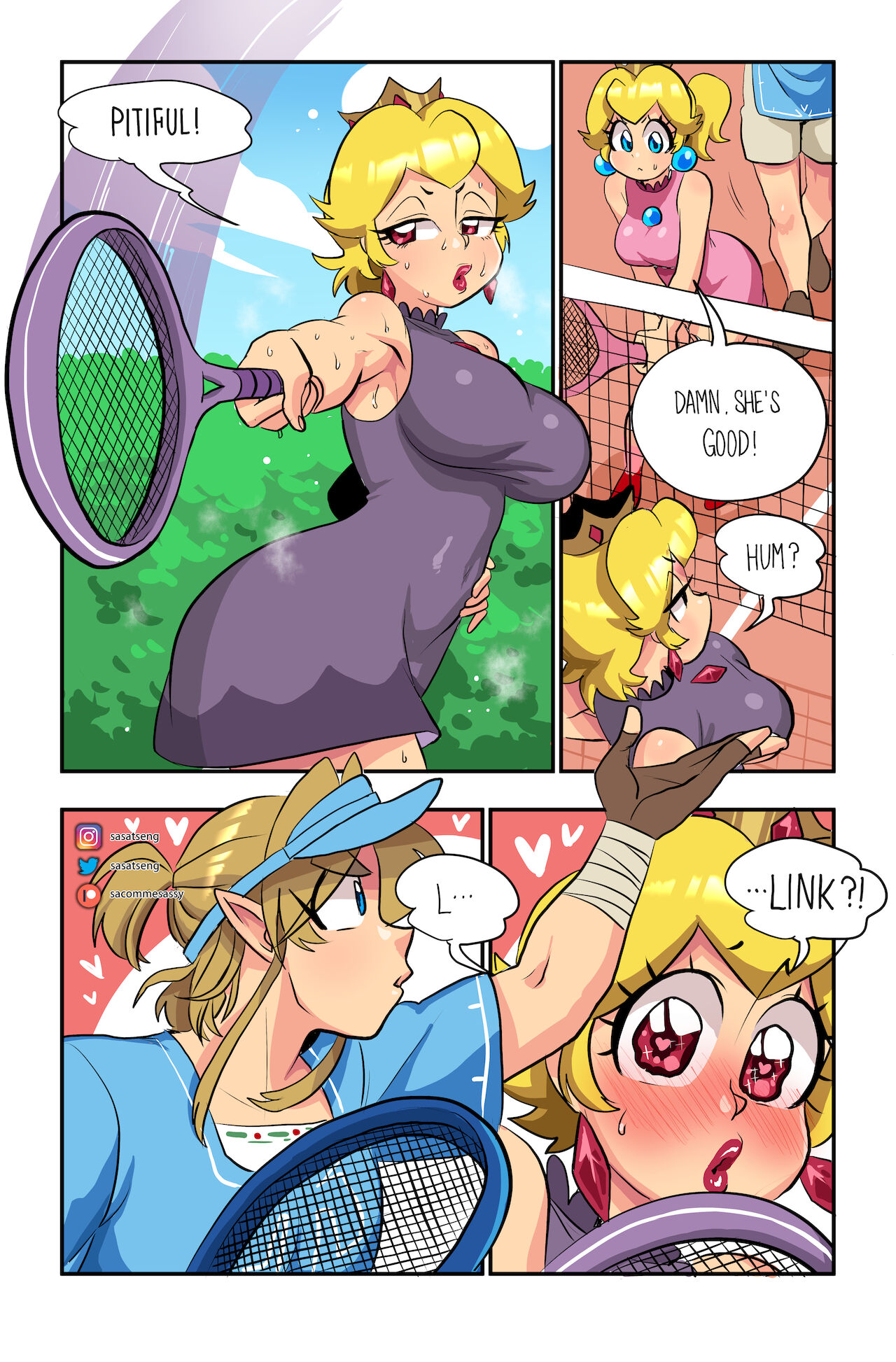 1boy, 4girls, breasts, breath of the wild, cleavage, comic, crossover, female, heart-shaped pupils, huge breasts, link, link (breath of the wild), male, mario (series), mario tennis, nintendo, paper mario, princess peach, sasatseng, shadow queen, tennis ball, tennis racket, tennis uniform, the legend of zelda