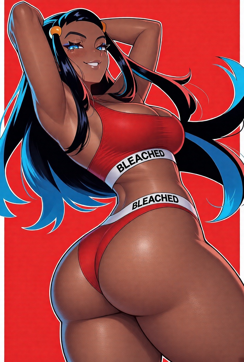 1girls, ai generated, armpits, arms behind head, black hair, bleached, bleached clothing, blue eyes, blue hair, cleavage, dark hair, dark-skinned female, dug-lith-pls, fat ass, female, from behind, game freak, large ass, long hair, looking at viewer, looking back, medium breasts, nessa (pokemon), nintendo, pokemon, pokemon ss, race queen, raceplay, red bra, red shorts, red sports bra, red sports shorts, shiny skin, smug, smug expression, smug face, smug smile, solo, sports bra, sports shorts, sportswear, tagme, thick thighs, toned female, two-tone hair