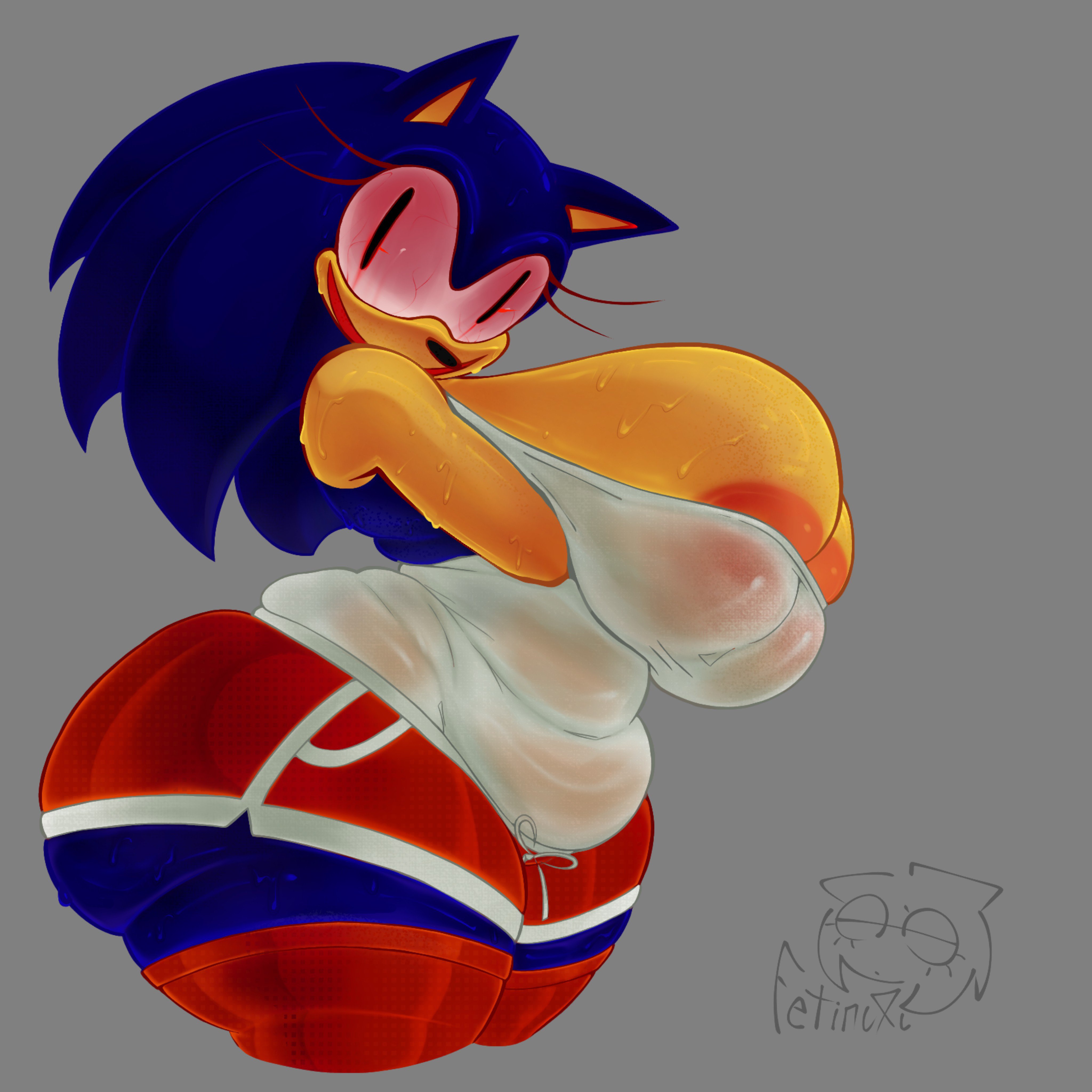 breasts bigger than head, bubble ass, bubble butt, grabbing own breast, huge ass, huge breasts, nipples visible through clothing, solo, sonic.exe, sonic.exe (series), staring at viewer, sweating, tagme, thick thighs