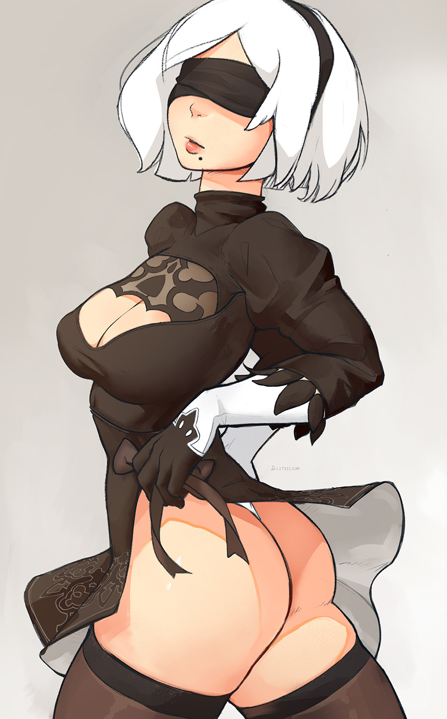 blindfold, female, litsilium, nier (series), nier: automata, short hair, solo, solo female, thick thighs, thighhighs, white hair, yorha 2b