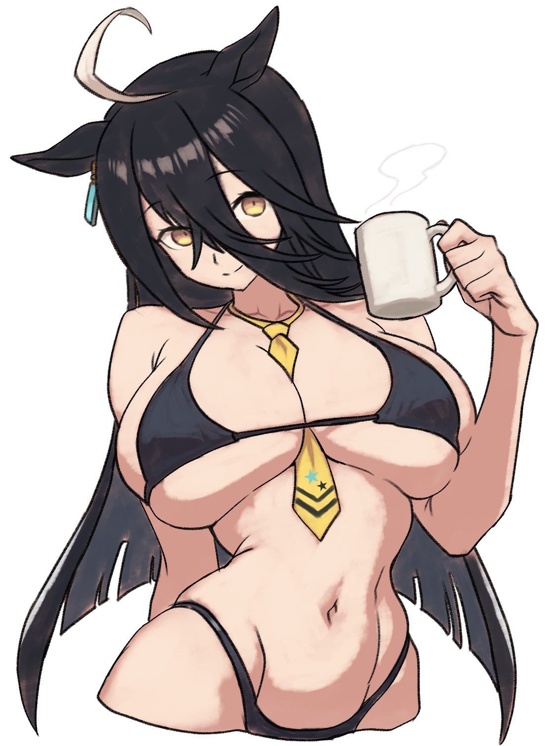 1girl, ahoge, alternate breast size, black bikini, black hair, horse ears, horse girl, huge breasts, long hair, looking at viewer, manhattan cafe (umamusume), mewmaster93, navel, solo, stomach, umamusume, umamusume pretty derby, underboob, yellow eyes, yellow necktie