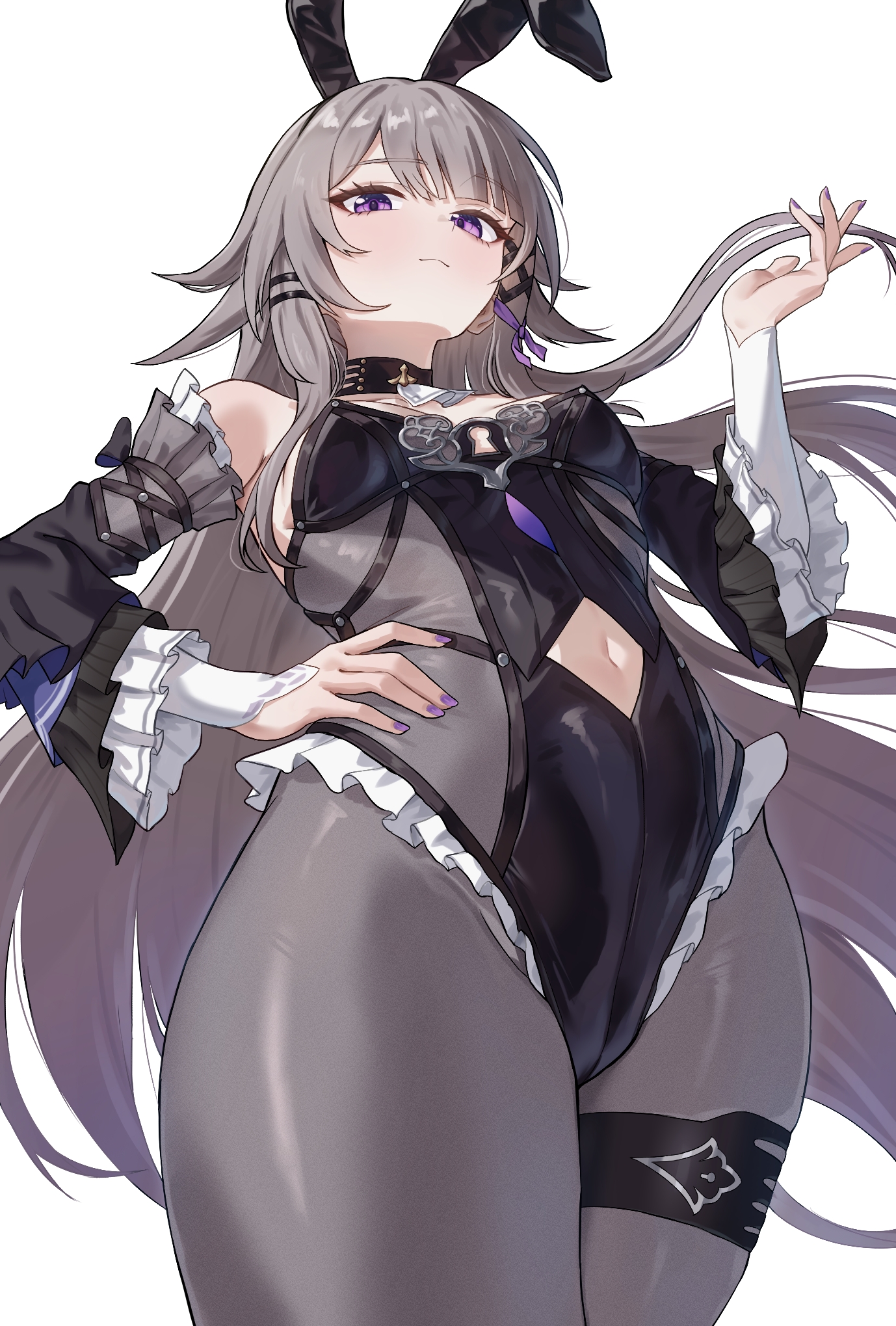 1girl, 1girls, absurdres, adapted costume, animal ear hairband, animal ears, ass, belly, belly button, belly window, big ass, black leotard, black pantyhose, black sleeves, blush, bottom heavy, breasts, brown hair, cameltoe, cleavage, clothed, commentary request, detached sleeves, fake animal ears, female, female focus, female only, flipped hair, from below, genius, grey hair, hair ornament, hairband, hand on own hip, herta (honkai: star rail), highres, hips, hips wider than shoulders, honkai (series), honkai: star rail, kadokadokado, leotard, long hair, looking at viewer, navel, pantyhose, posing, purple eyes, purple nails, rabbit ear hairband, rabbit ears, simple background, small breasts, solo, the herta (honkai: star rail), thick thighs, thigh strap, thighs, viewed from below, white background, witch