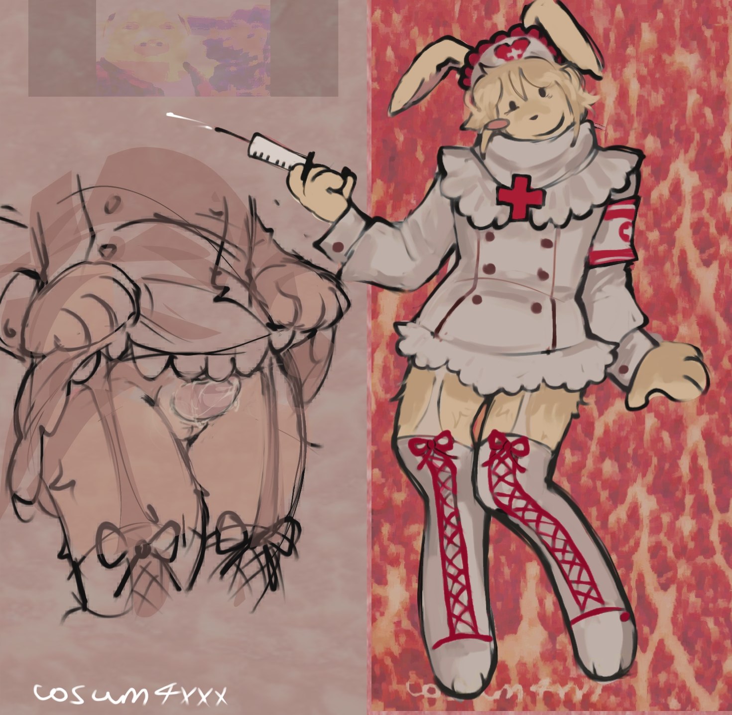 1boy, animal hospital, artist name, cosum4xxx, furry, furry penis, intern (animal hospital), lifting skirt, long socks, meme in the background, nurse uniform, rabbit, roblox, roblox game, self upload, tagme