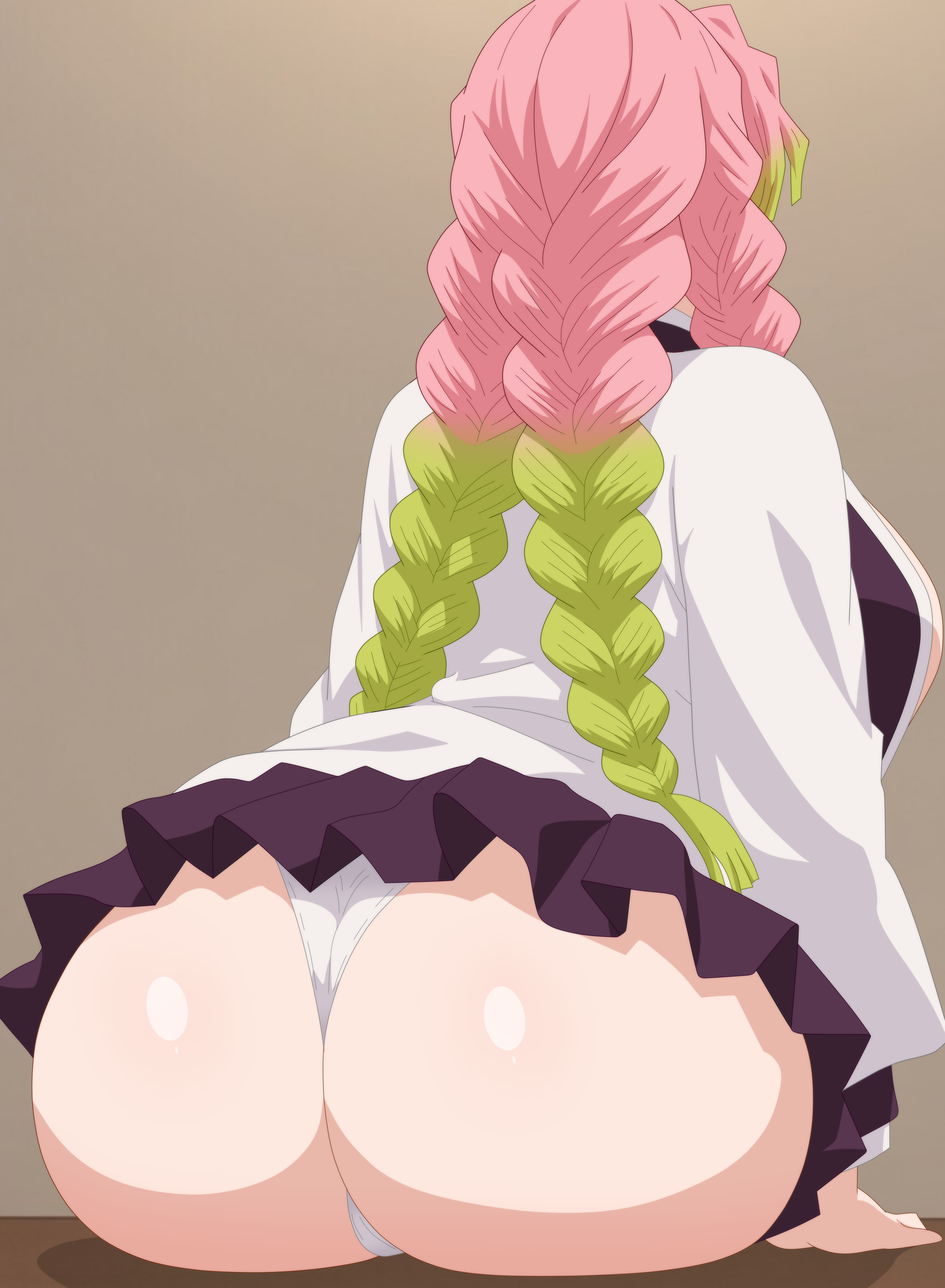 1girl, ass, big ass, demon slayer, kanroji mitsuri, kimetsu no yaiba, sitting, skirt, uniform, xvanana100