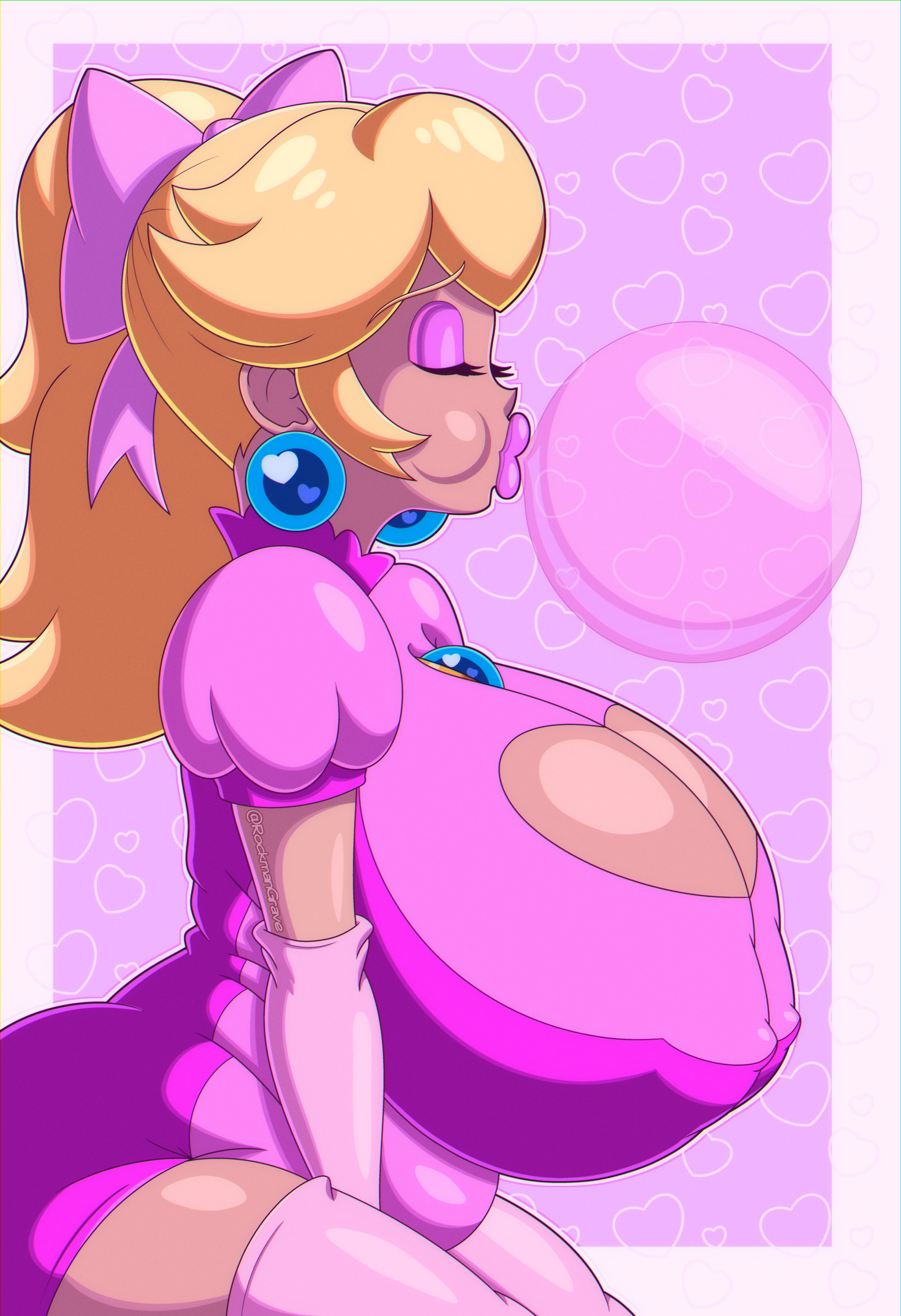 1female, 1girls, big breasts, bimbo, bimbo lips, bimbofied, blonde, blonde female, blonde hair, blonde hair female, blonde-haired female, blowing bubblegum, boob window, breast window, breasts, breasts bigger than head, bubble, bubble gum, cleavage, closed eyes, earrings, female, female focus, female only, gloves, gyaru, hair ribbon, huge breasts, mario (series), massive breasts, nipple bulge, pink eyeshadow, pink lips, pink lipstick, ponytail, princess peach, rockmangrave, solo, solo female, solo focus, tagme, thighhighs