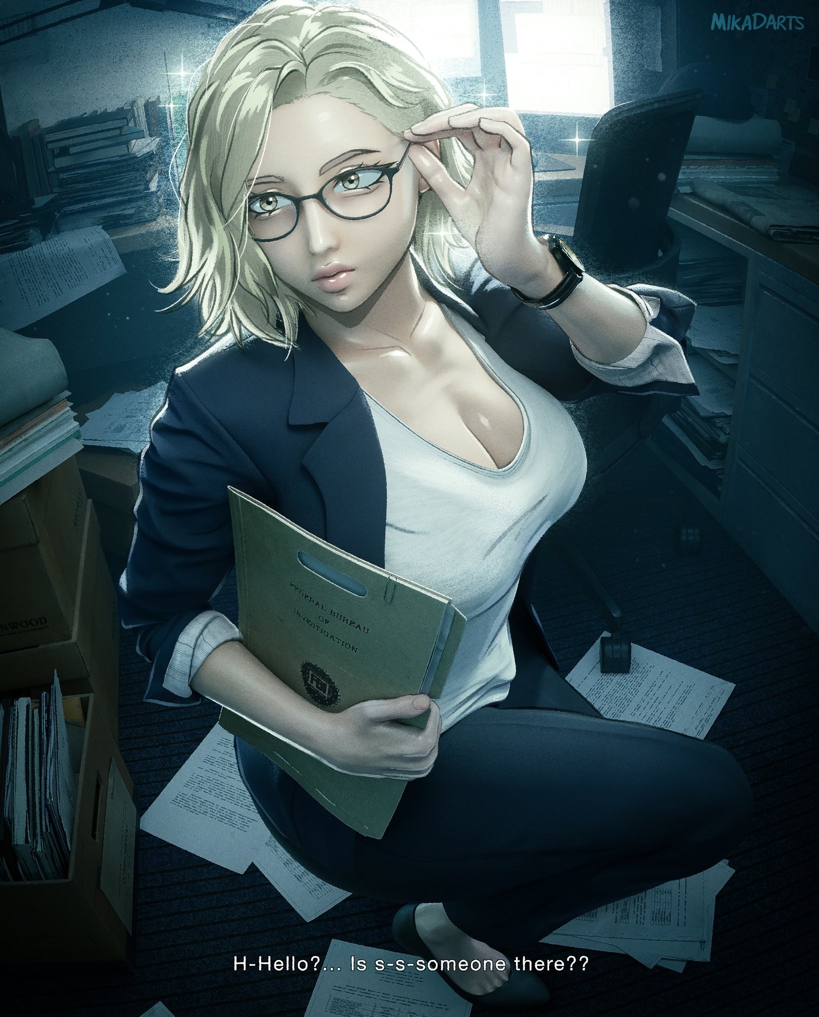 artist name, blonde hair, capcom, english text, grace ashcroft, grace ashcroft (fbi outfit), grace ashcroft (julia pratt), grey eyes, looking away, mikadawn, office, office chair, office clothing, office lady, resident evil, resident evil 9: requiem, safe for work, sfw, sfw version, sfw version available