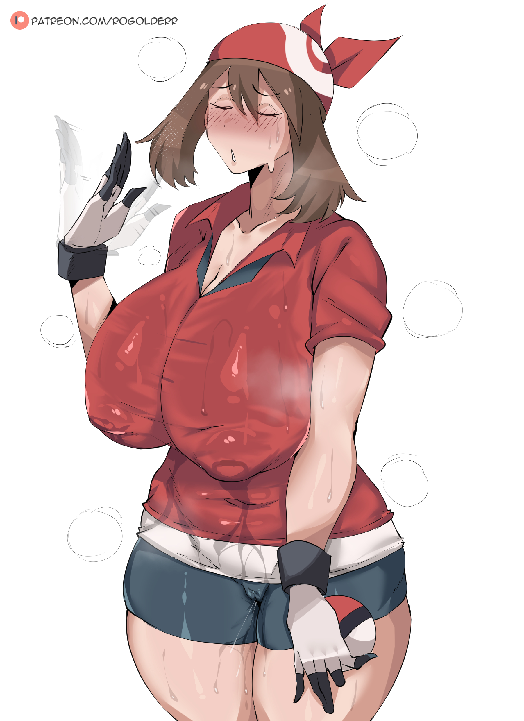 1girls, breasts, cameltoe, female, female focus, female only, large breasts, light skin, light-skinned female, may (pokemon), nintendo, pokemon, rogolderr, solo, thick thighs, thighs, white background, wide hips