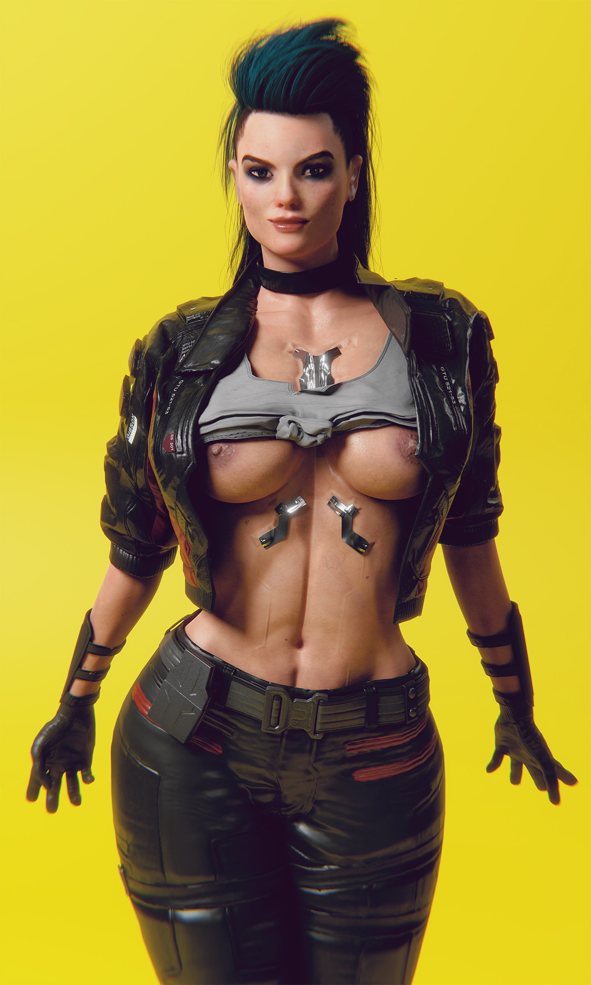 3d, athletic, athletic female, blue hair, breasts, busty, cd projekt red, cyberpunk 2077, el-recondite (artist), female, female focus, female only, hourglass figure, human, long hair, pose, posing, revealing clothes, rogue amendiares, solo, tagme, wide hips