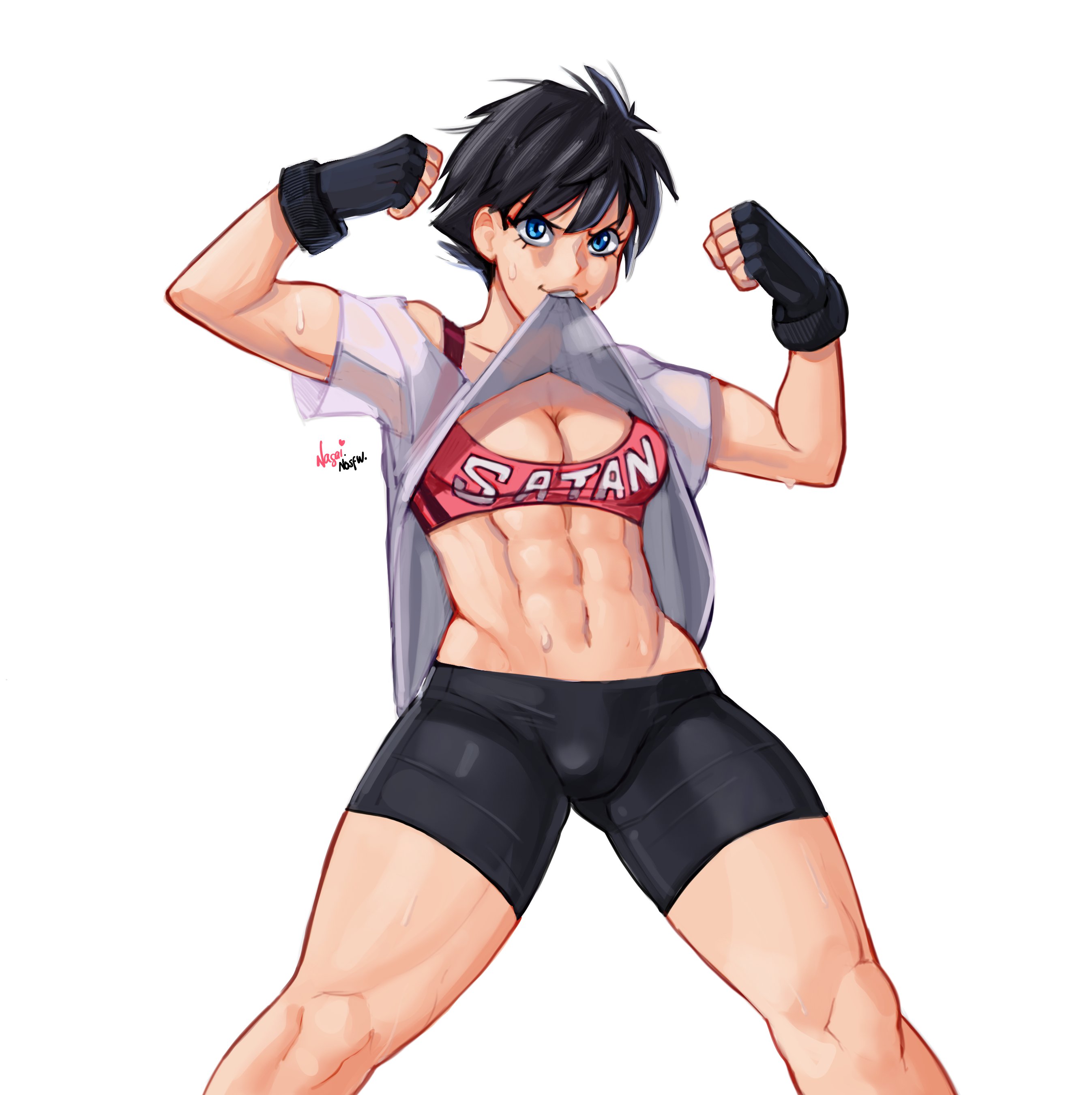 1girls, abs, bike shorts, black hair, blue eyes, dragon ball, dragon ball z, female, female only, flexing, fully clothed, muscular, muscular female, nagainosfw, short hair, solo, sweat, teenager, tomboy, toned, very short hair, videl