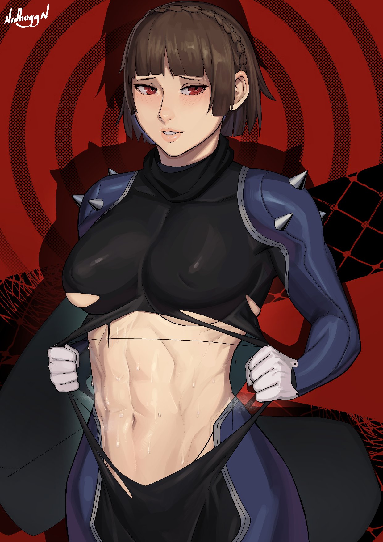 1girls, abs, artist signature, atlus, bodysuit, breasts, brown hair, clothing, female, female focus, female only, gloves, hi res, human, large breasts, light skin, light-skinned female, makoto niijima, makoto niijima (queen), muscular, muscular female, nidhoggn, nipple bulge, pale skin, persona, persona 5, phantom thief suit, red background, red eyes, short hair, solo, solo female, solo focus, sweat, sweaty, toned, white gloves