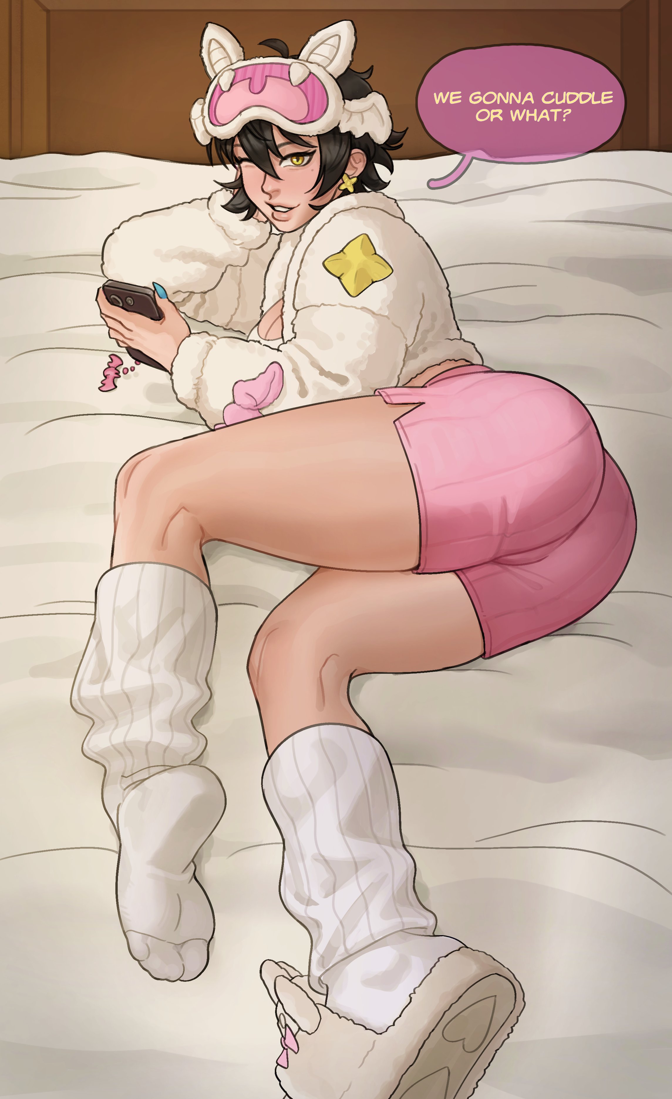 2d, alternate version available, artist request, asian, asian female, ass, bed, bedsheet, black hair, cellphone, cellphone charm, earring, fully clothed, headboard, jubilation lee, jubilee, jubilee (marvel rivals), jubilee (vampy jammies), keep, looking at viewer, marvel, marvel rivals, on bed, one eye closed, pajama shorts, pajamas, sleep mask, slippers, socks, solo, speech bubble, tagme (artist), text, twitter link, x-men, yellow eyes