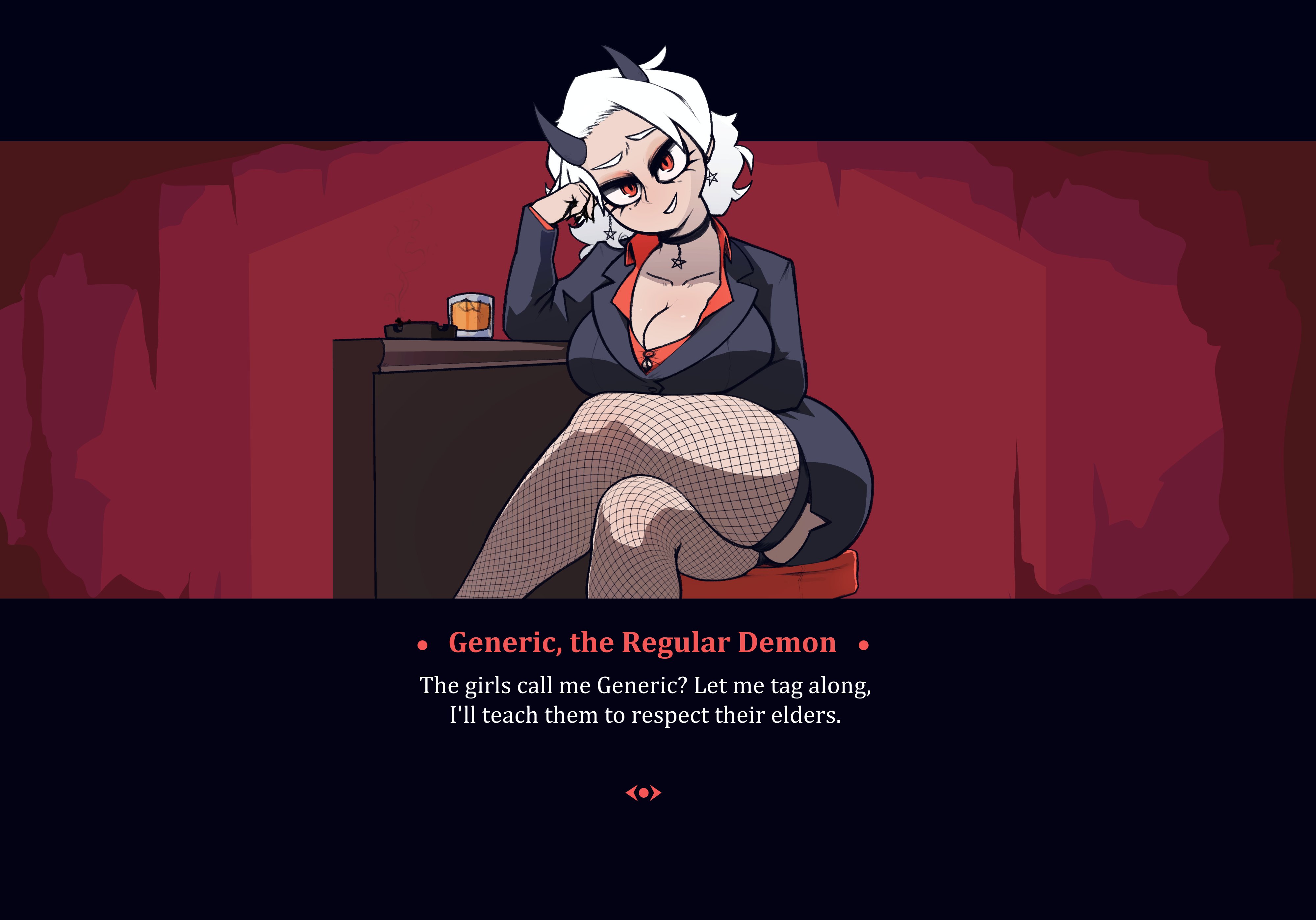 1girls, breasts, business suit, choker, cleavage, crossed legs, demon, demon girl, demon horns, female, fishnets, generic (helltaker), helltaker, horns, large breasts, red eyes, solo, unyin, white hair