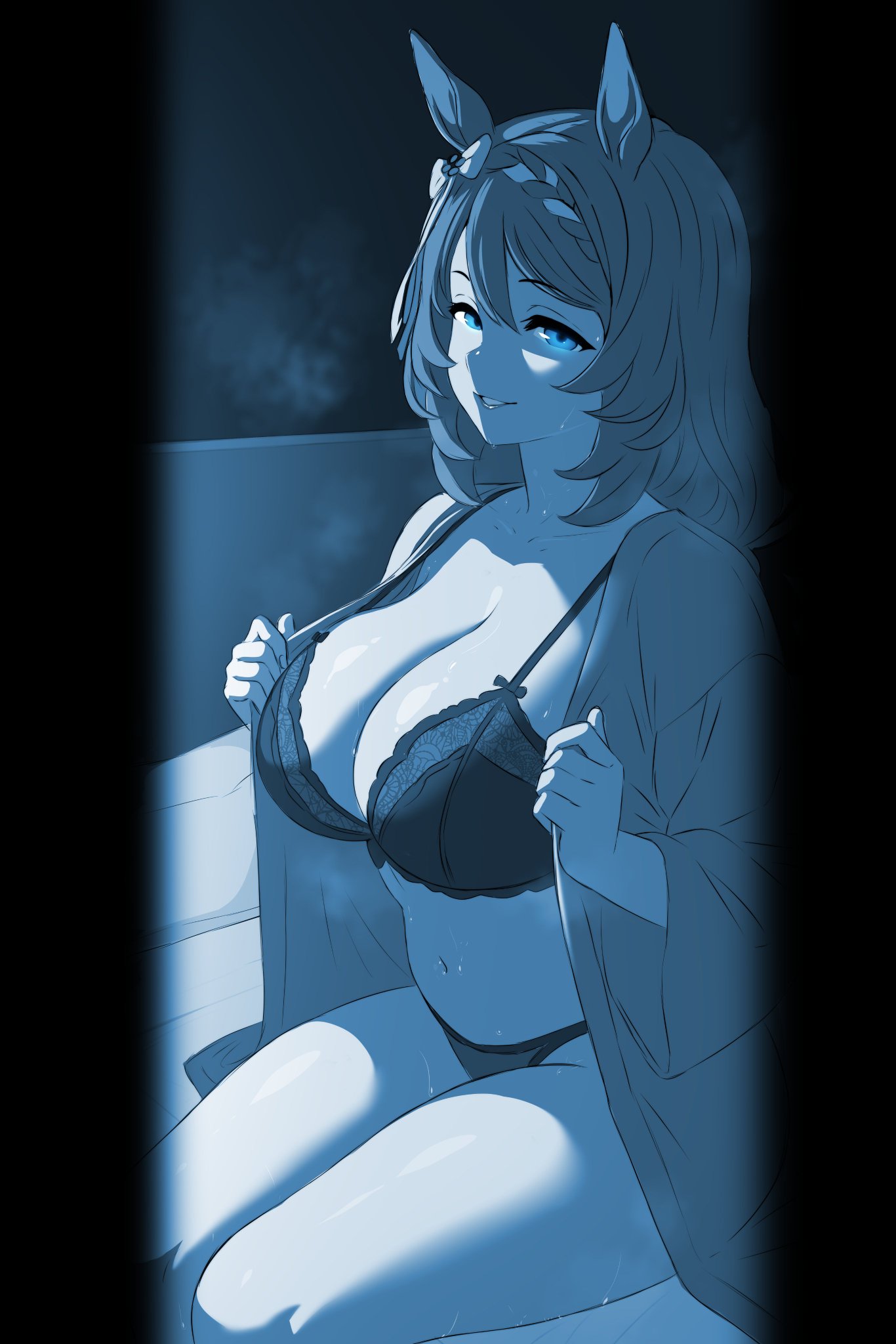 1girls, big breasts, breasts, curvaceous, curvy, curvy female, female, female focus, female only, huge breasts, kemonomimi, large breasts, light skin, light-skinned female, looking at viewer, navel, partially clothed, partially clothed female, shinjicoca, smile, smiling, smiling at viewer, solo, solo female, solo focus, super creek (umamusume), thick thighs, thighs, umamusume, umamusume pretty derby