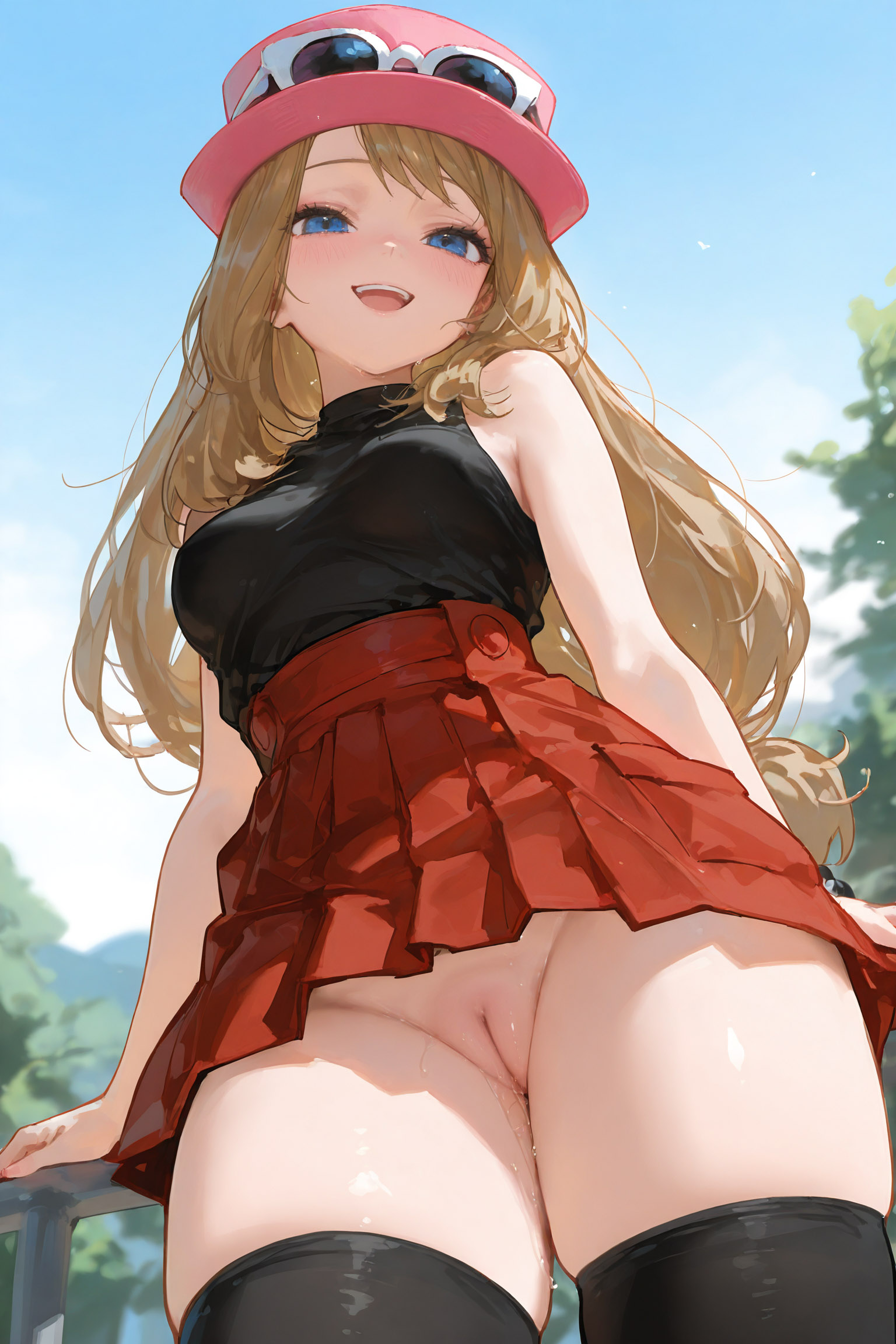 1girls, ai generated, blue eyes, blush, breasts, closed mouth, female, female focus, female only, from below, hat, krowenx, long hair, no panties, outdoors, pokemon, pussy, pussy juice, serena (pokemon), skirt, smile, smiling, solo, solo female, solo focus, sunglasses, thick thighs, thighhighs, thighs, uncensored