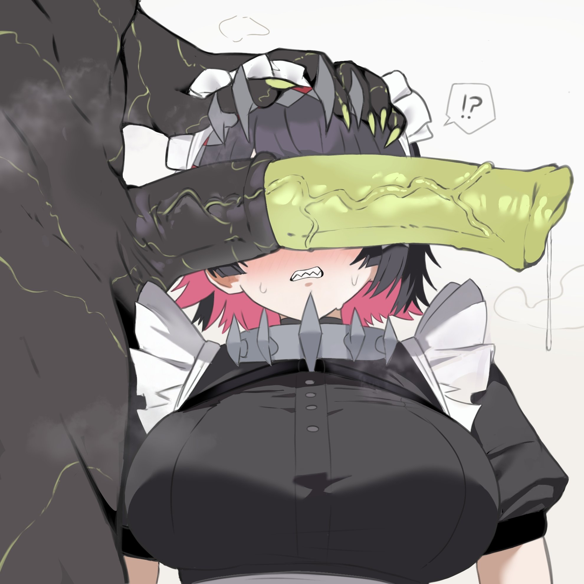 !, !?, ?, 1boy, 1girl, animal genitalia on humanoid, animal penis, black hair, breasts, clenched teeth, colored inner hair, commentary, ellen joe, english commentary, ethereal (zenless zone zero), gradient background, green penis, grey background, hand on another's head, highres, horse penis, huge penis, large breasts, maid, maid headdress, monster, multicolored hair, neoxious, neoxius, penis, penis focus, penis on face, penis over eyes, pink hair, precum, sharp teeth, short hair, spoken exclamation mark, spoken question mark, teeth, two-tone hair, uncensored, zenless zone zero