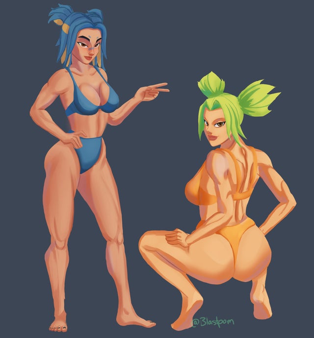 black toenails, blue hair, female, female only, filipino, green hair, league of legends, neon (valorant), squatting, valorant, zeri (league of legends)