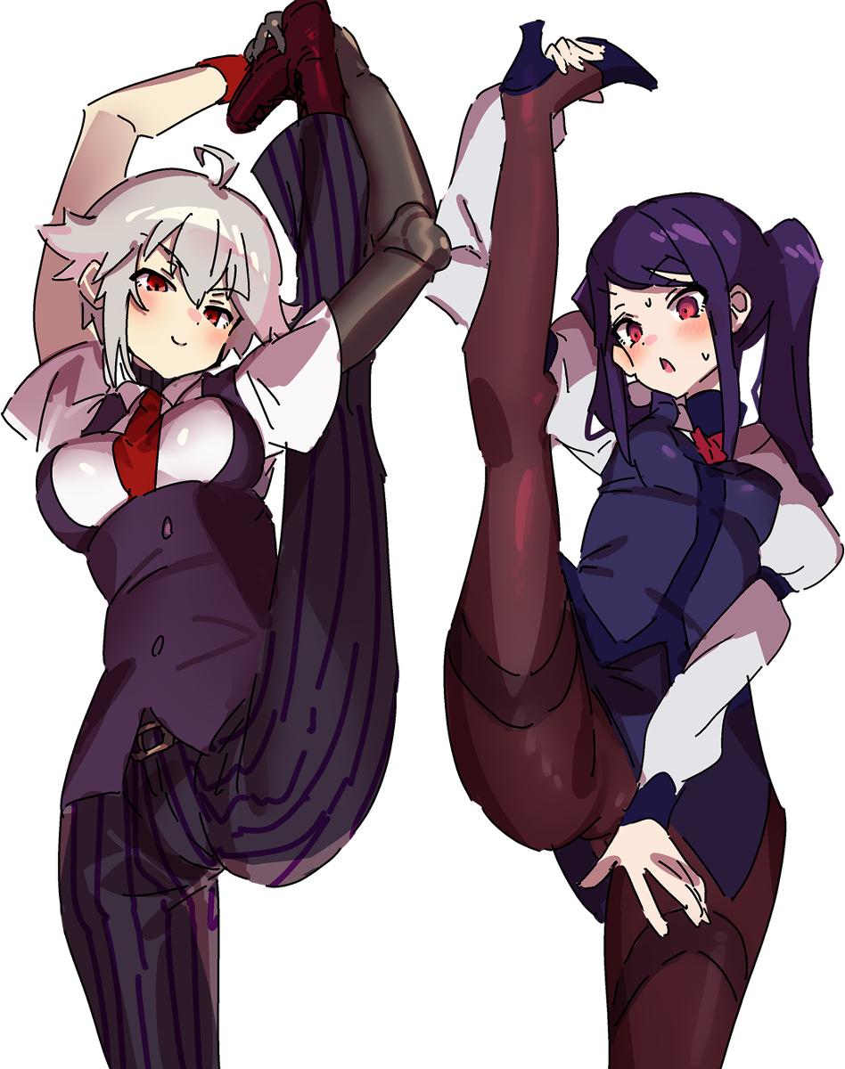 235waiwai, 2girls, dana zane, female, female only, flexible, julianne stingray, leg lift, purple hair, red eyes, short hair, standing, sweat, tomboy, twintails, va-11 hall-a, white hair