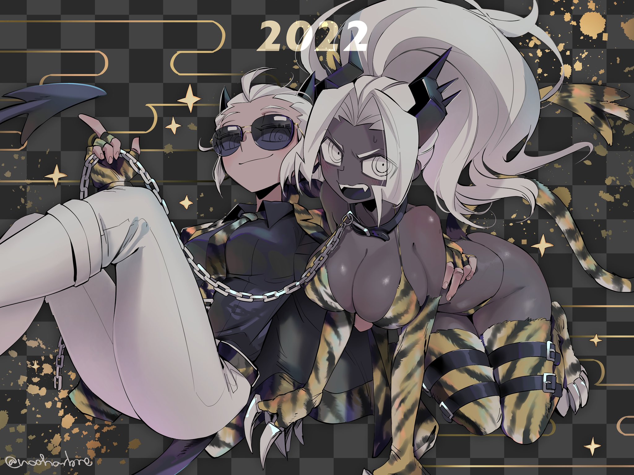 2demons, 2girls, all fours, bikini, breasts, collar, dark skin, dark-skinned female, demon, demon girl, demon horns, demon tail, female, female only, helltaker, horns, judgement (helltaker), justice (helltaker), large breasts, leash, leopard print, long hair, noaharbre, sunglasses, tail, tinted eyewear, white hair