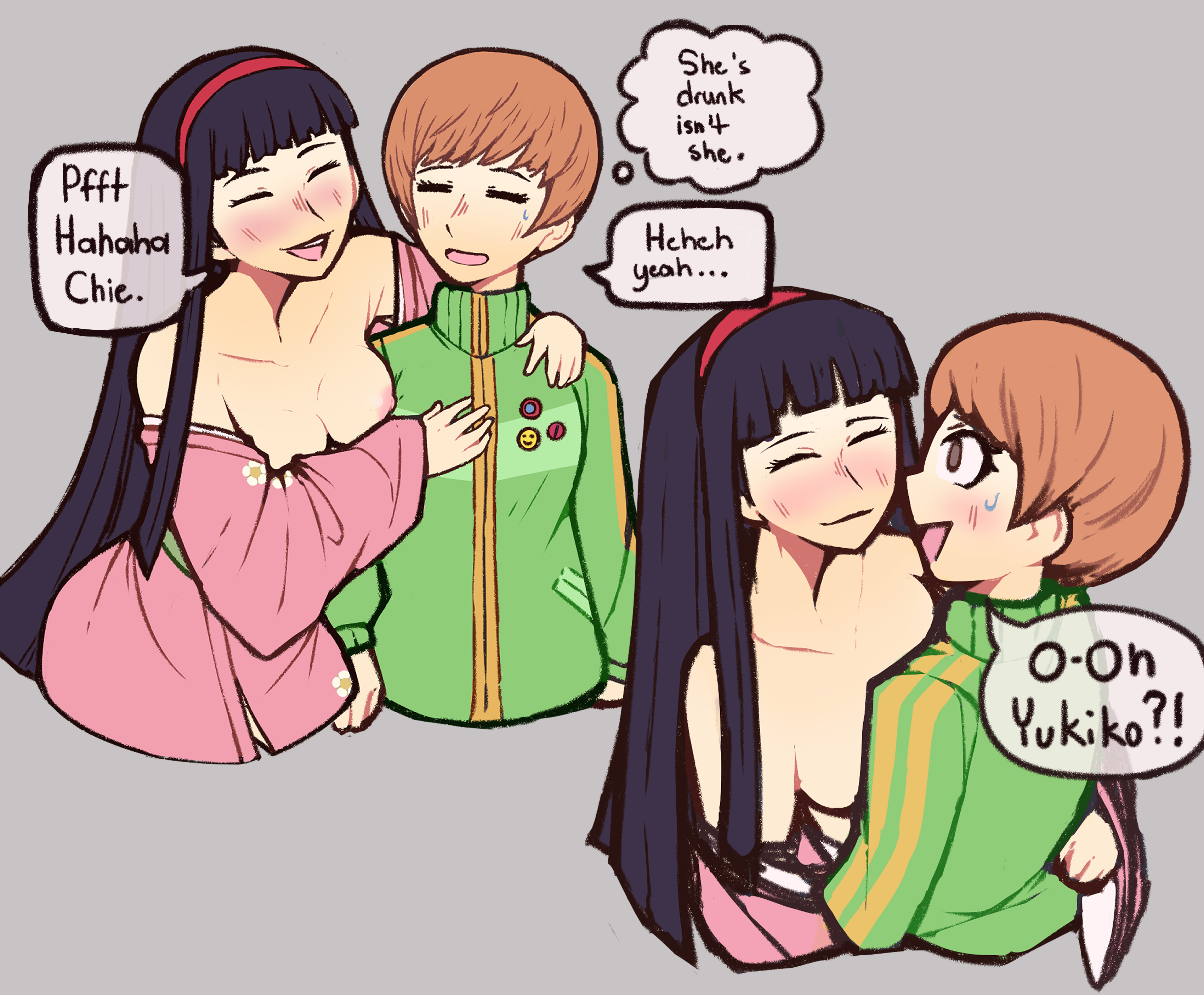 2girls, amagi yukiko, atlus, black hair, blush, breasts, breasts out, brown hair, dialogue, drunk, female, imminent sex, kimono, long hair, multiple females, multiple girls, persona, persona 4, satonaka chie, shaigoho, short hair, sweat, text, topless, yuri