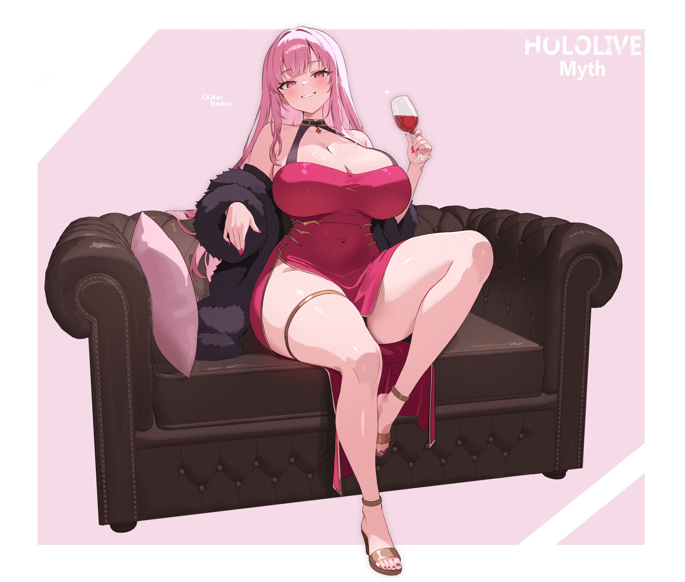 1girls, ass, asymmetrical legwear, bare legs, bare shoulders, big ass, big breasts, big thighs, blunt bangs, bodycon, bodycon dress, breasts, breasts bigger than head, busty, busty female, choker, cleavage, cleavage cutout, clothed, clothed female, couch, deep cleavage, dress, drinking, drinking alcohol, eyebrows, eyebrows visible through hair, fashion, female, female focus, fingernails, fur coat, high heels, hips, hololive, hololive english, hololive myth, huge breasts, huge thighs, knee up, large breasts, leg up, legs apart, legs spread, light skin, light-skinned female, long hair, mori calliope, narrow waist, navel visible through clothes, necklace, o-rindou5100, on couch, painted nails, painted toenails, pink hair, red eyes, seated, short dress, sitting, sitting on couch, skintight dress, solo, solo focus, thick thighs, thigh slit, thigh strap, thighs, thighs bigger than head, toe nails, toenails, virtual youtuber, voluptuous, voluptuous female, waist, wide hips, wine glass