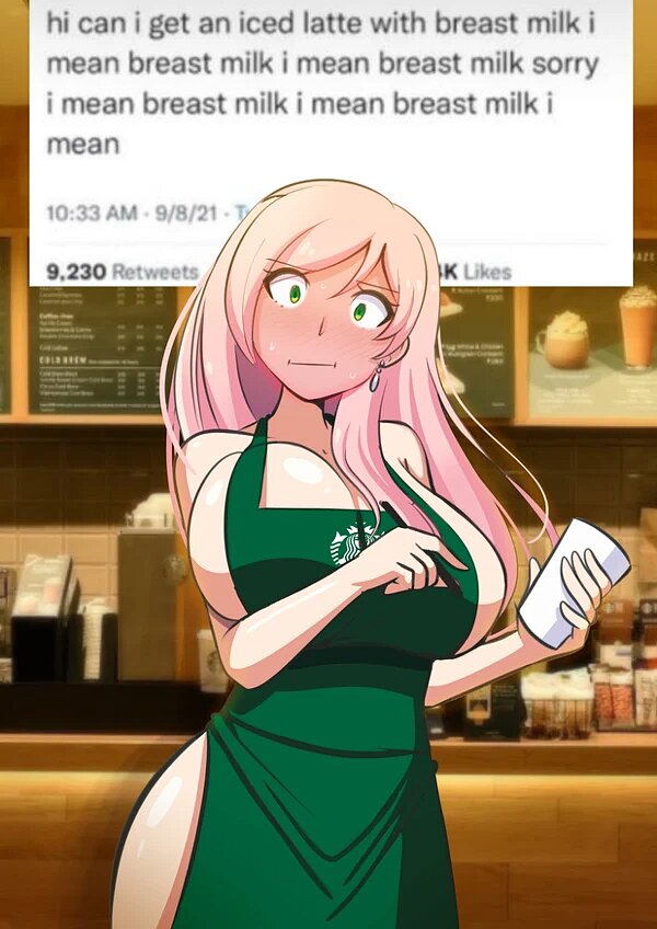 1girls alternate_version_available apron apron_only big_breasts blush breasts cup earring embarrassed green_apron green_eyes holding_object iced_latte_with_breast_milk meme naked_apron original pantsudesu pink_hair red_face saki_(pantsudesu) solo solo_female text tweet