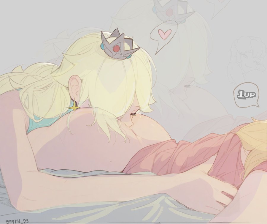 2girls, ass, ass focus, bed, blonde female, blonde hair, bottomless, butt, butt focus, crown, cunnilingus, earrings, eating pussy, eyelashes, eyes closed, face in ass, female, hair ornament, heart, looking pleasured, mario (series), piercing, pink dress, princess peach, princess rosalina, smile, synth 23