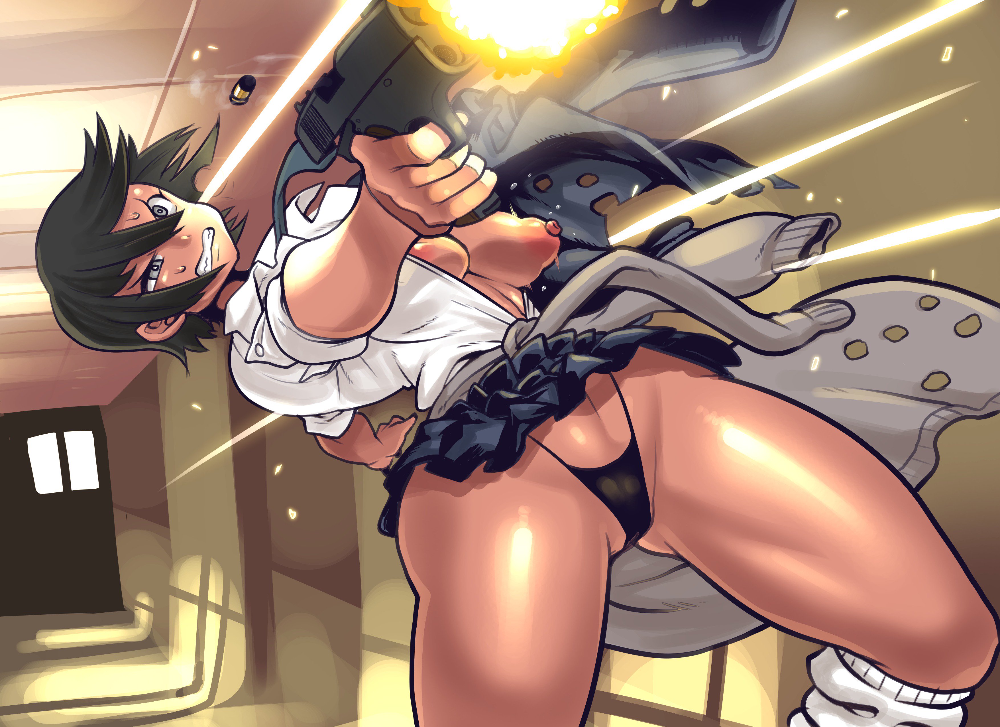 1girls, ass visible through thighs, blonde hair, breasts, breasts out, bullet, bullet hole, cameltoe, dark skin, dark-skinned female, female, female only, gun, gundam, looking at viewer, minami aomori, nipples, panties, pistol, pistol in hand, pussy, revealing clothes, school uniform, shooting